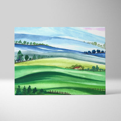 Serene watercolor landscape canvas of rolling green hills and farmhouse