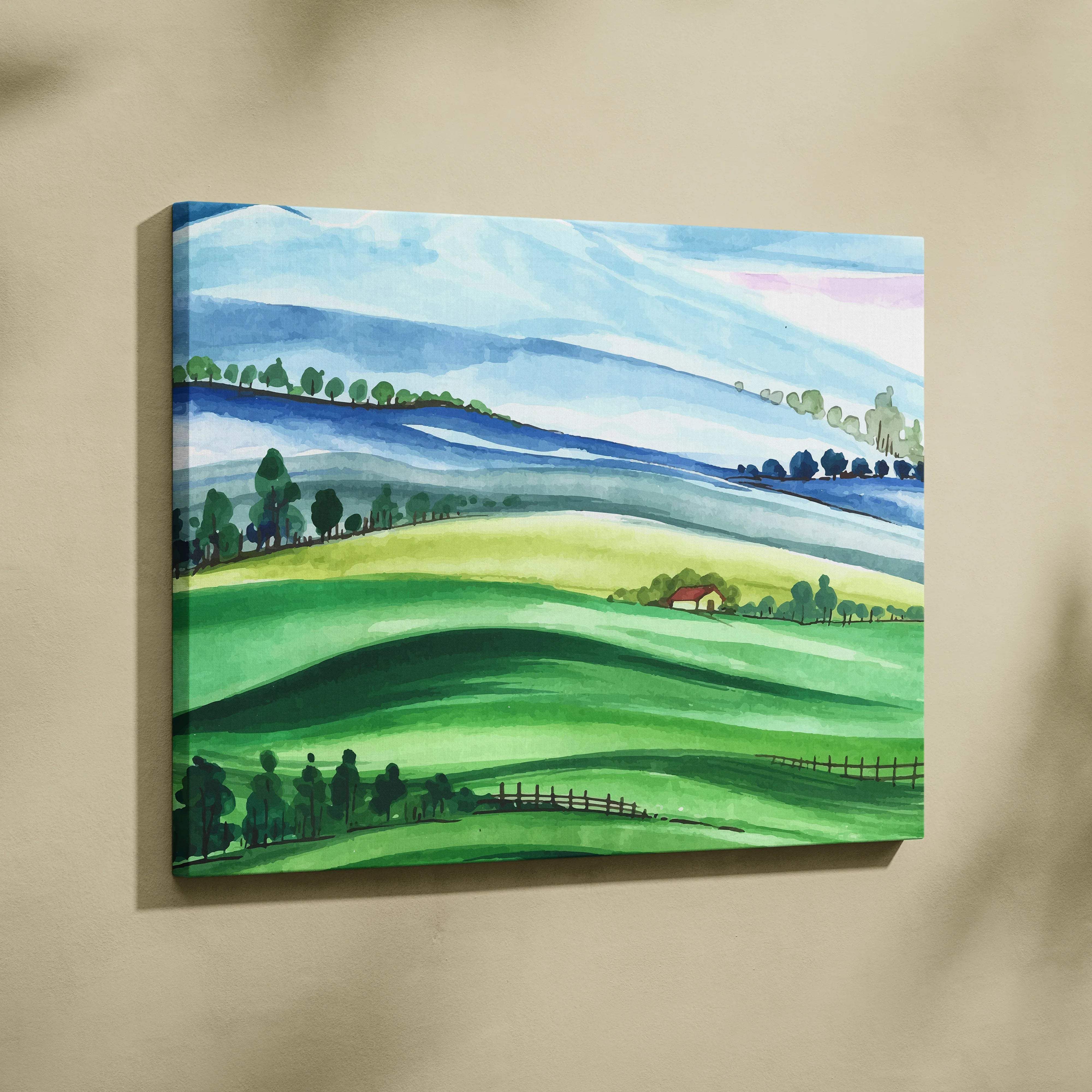 Serene watercolor landscape canvas art of rolling green hills and farmhouse