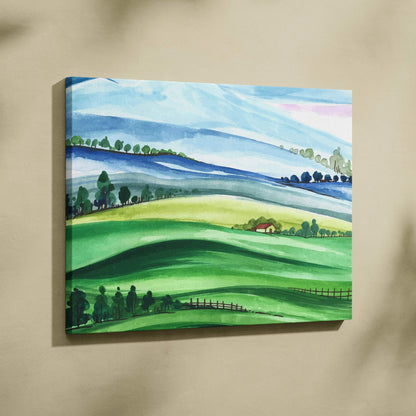 Serene watercolor landscape canvas art of rolling green hills and farmhouse