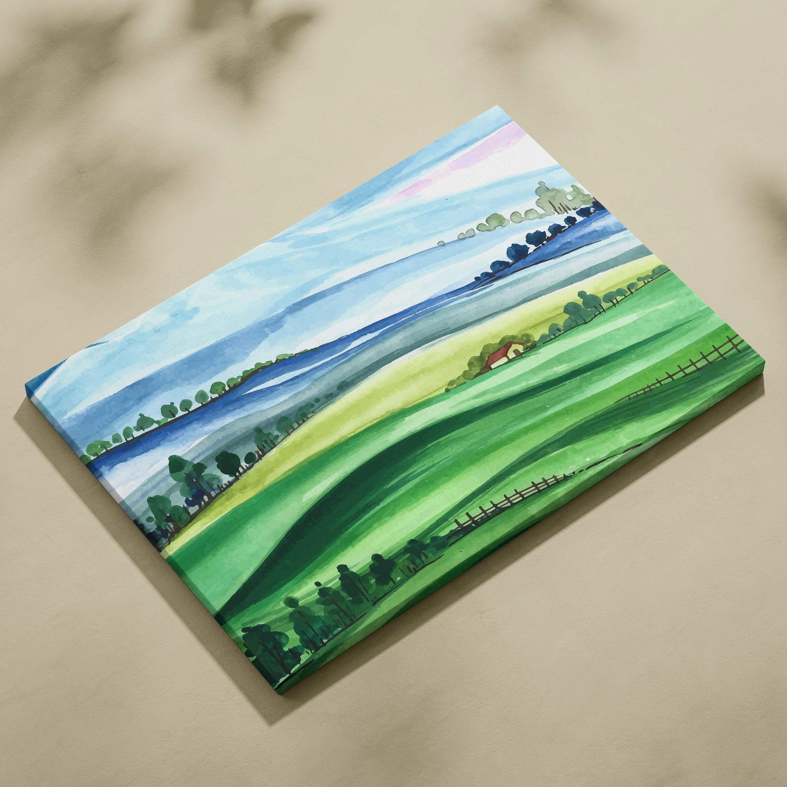 Serene watercolor landscape canvas art of rolling green hills and farmhouse