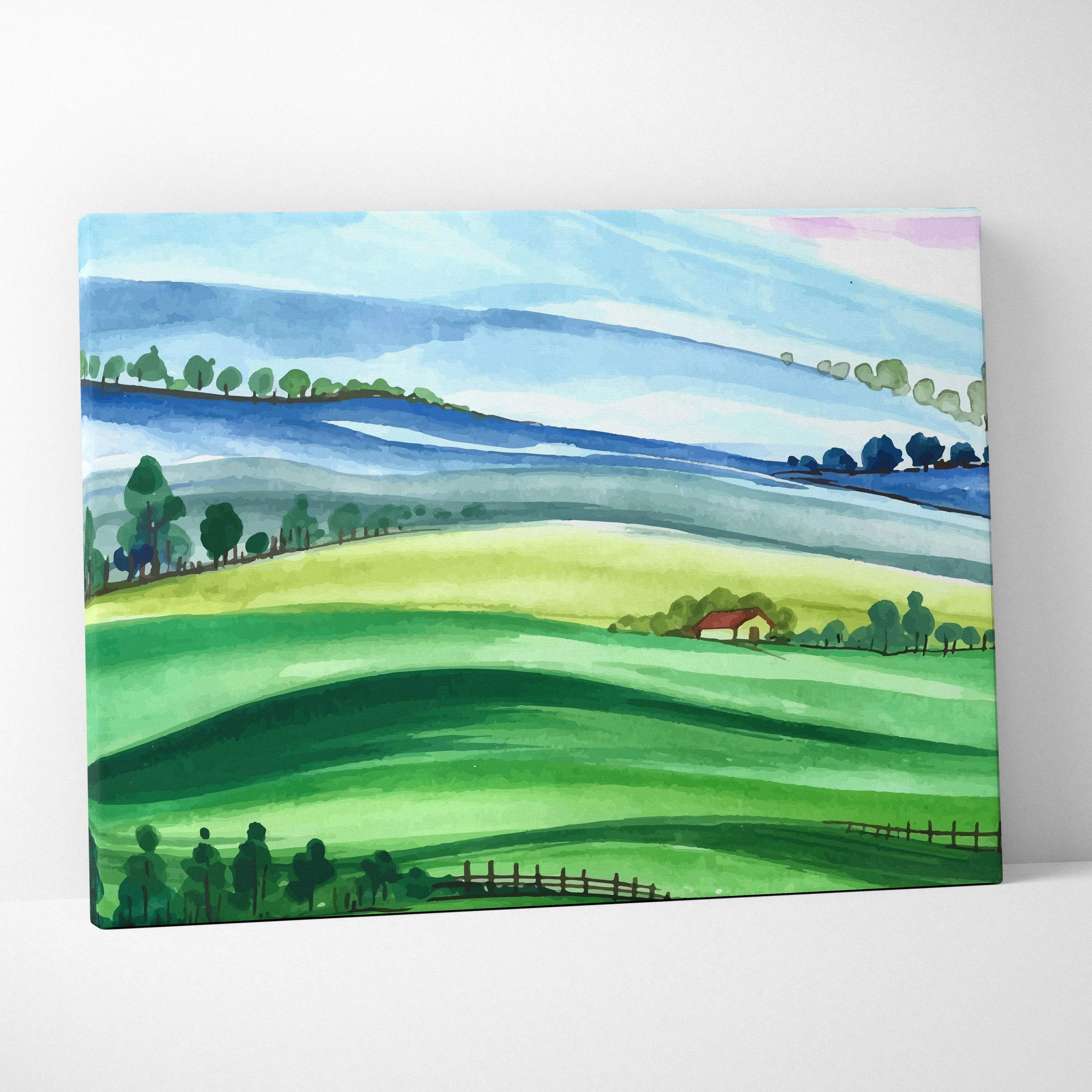 Serene watercolor landscape canvas of rolling green hills and farmhouse