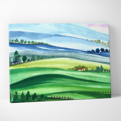 Serene watercolor landscape canvas of rolling green hills and farmhouse