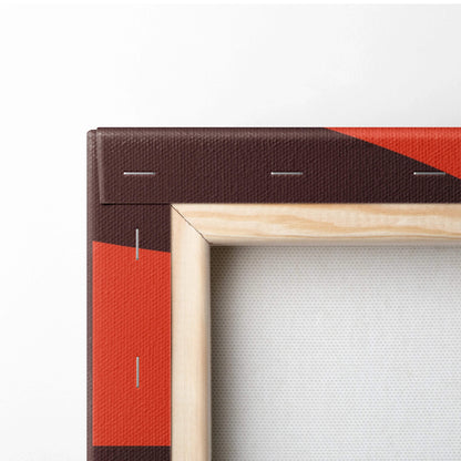 Samurai silhouette with katana under rising sun canvas art in bold red orange geometric patterns, light wood frame