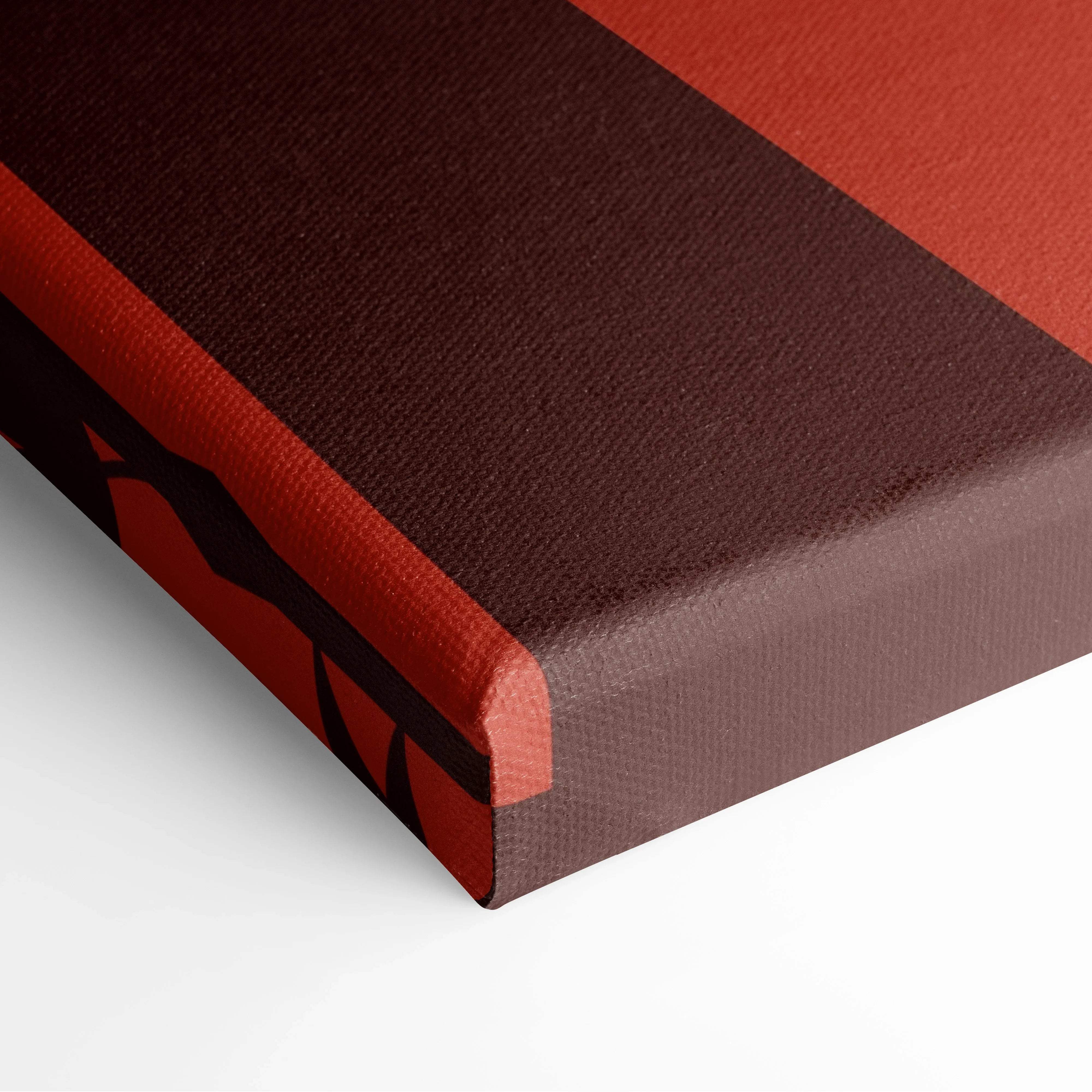 Samurai silhouette with katana under rising sun on bold red brown striped canvas