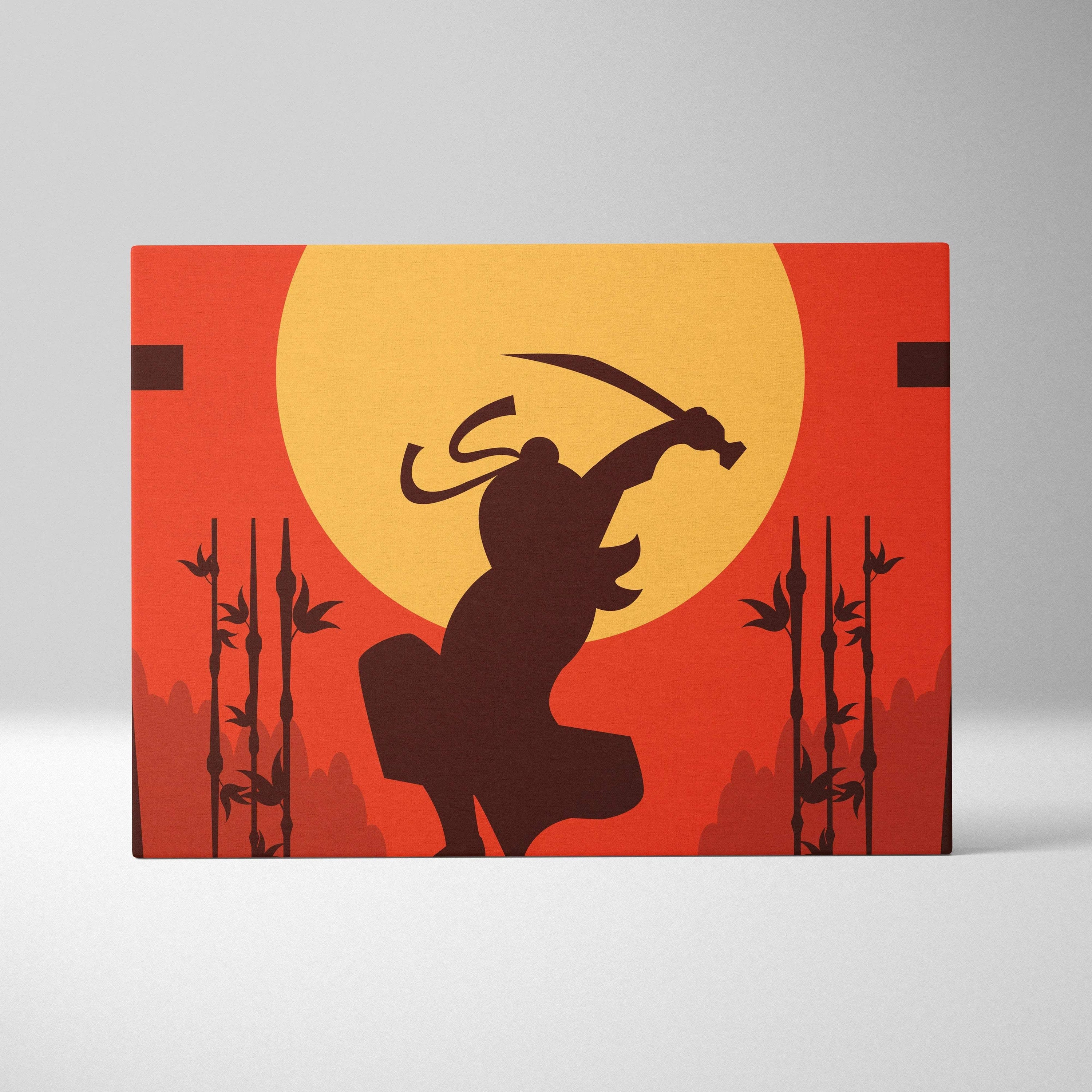 Samurai silhouette with katana under rising sun minimalist canvas art