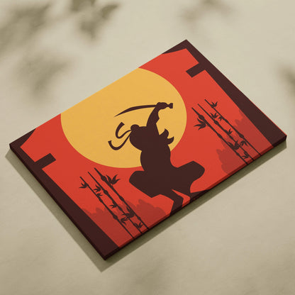 Samurai silhouette with katana under bold red orange sunset canvas art