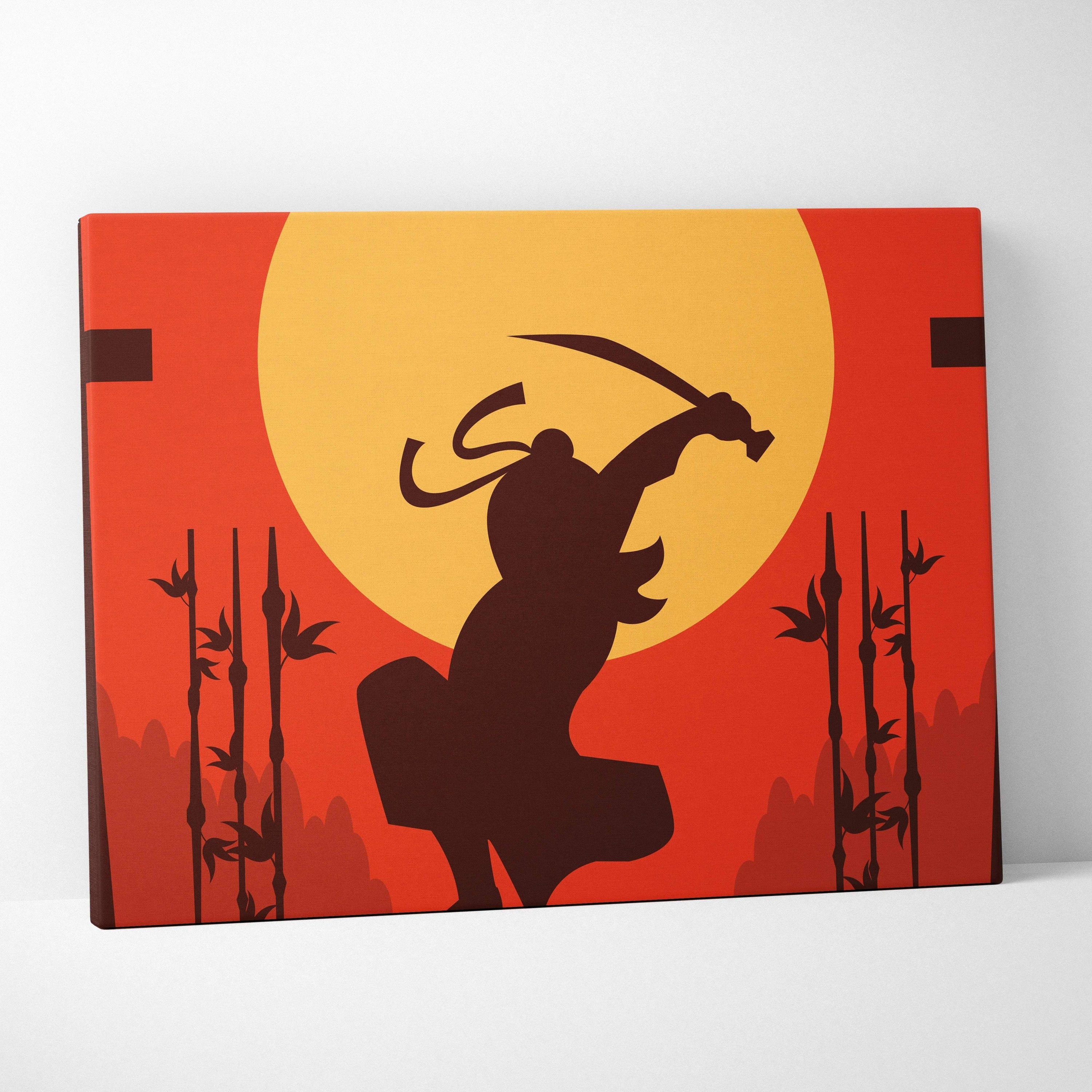 Bold red canvas print of black ninja silhouette with katana under yellow sun and bamboo