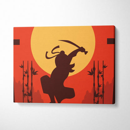 Bold red canvas print of black ninja silhouette with katana under glowing sun and bamboo