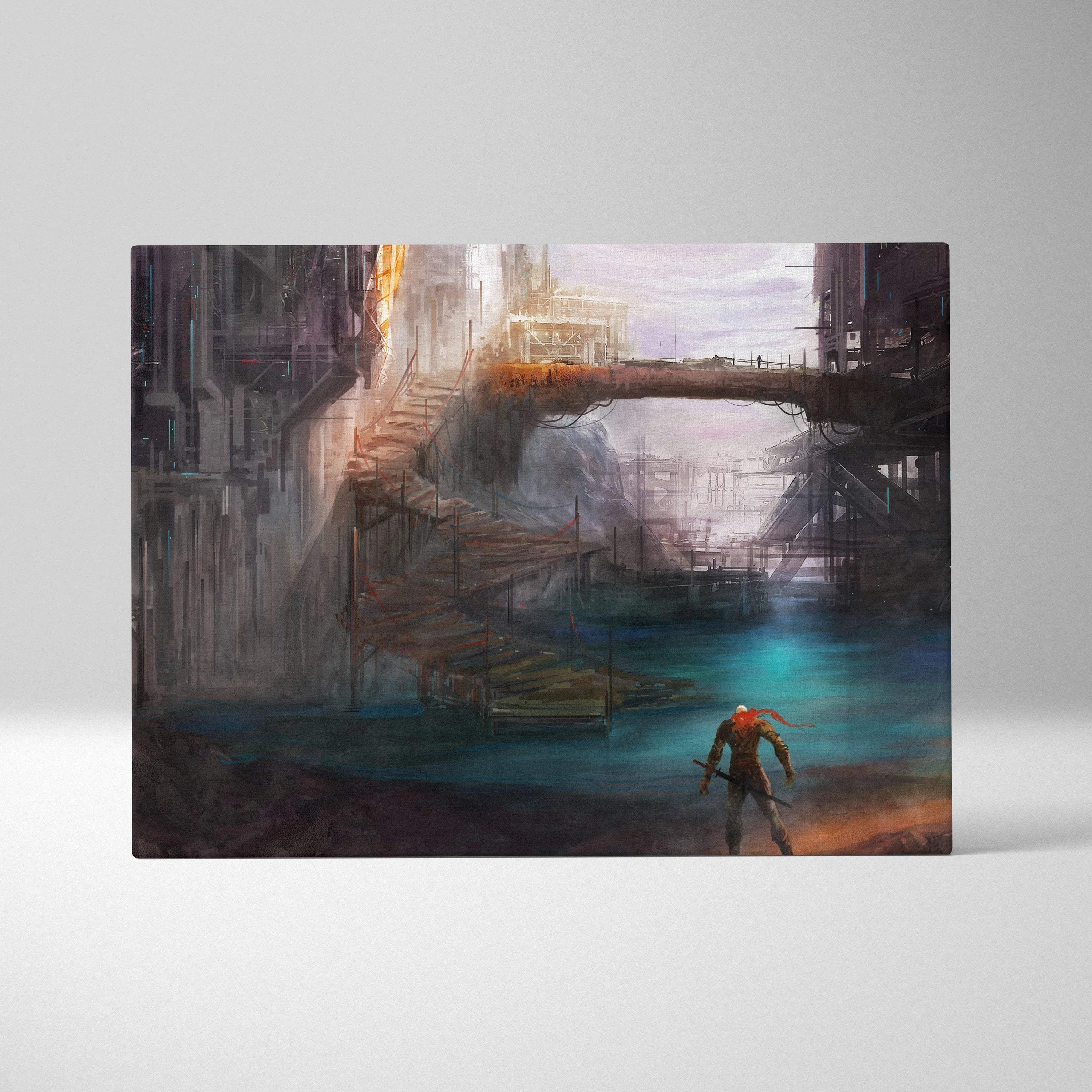 Moody sci-fi lone warrior in dystopian cyberpunk city over teal water canvas art