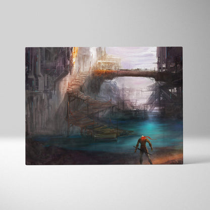 Moody sci-fi lone warrior in dystopian cyberpunk city over teal water canvas art