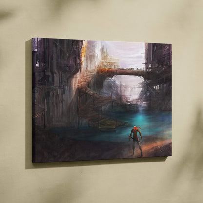 Moody sci-fi lone warrior in dystopian cyberpunk city over teal water canvas art