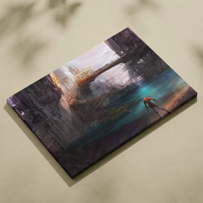 Moody cyberpunk cityscape with lone warrior over teal water canvas print