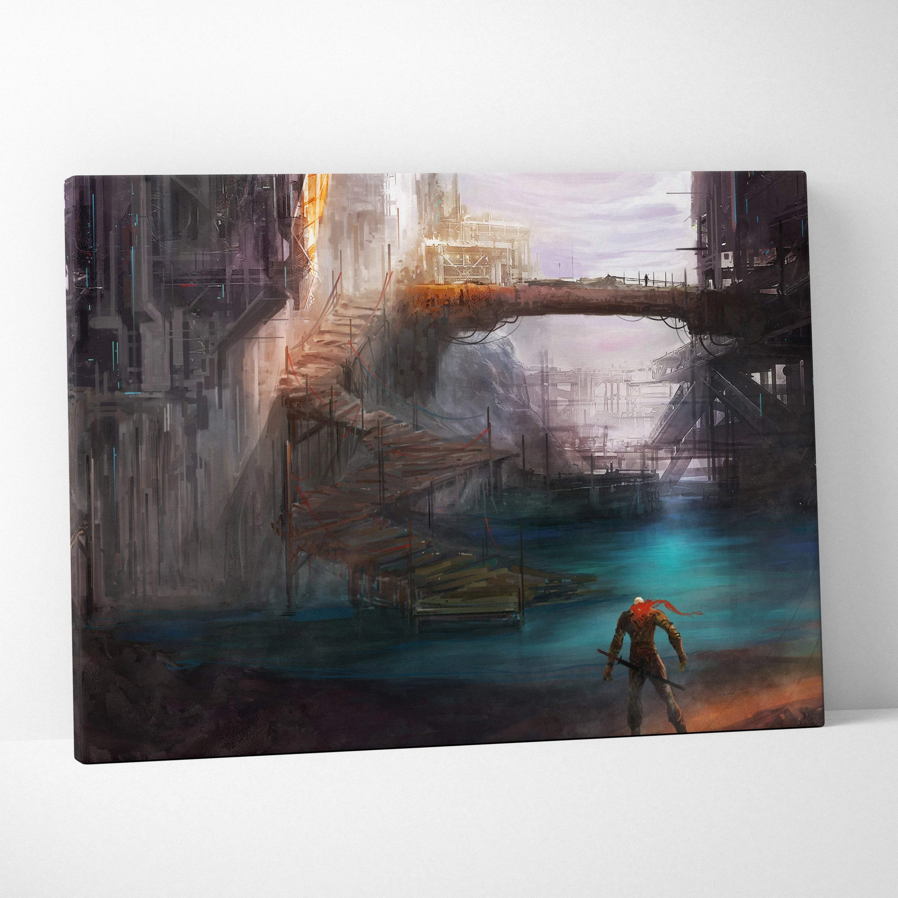 Moody sci-fi lone red-haired warrior in dystopian cyberpunk city over teal water canvas art