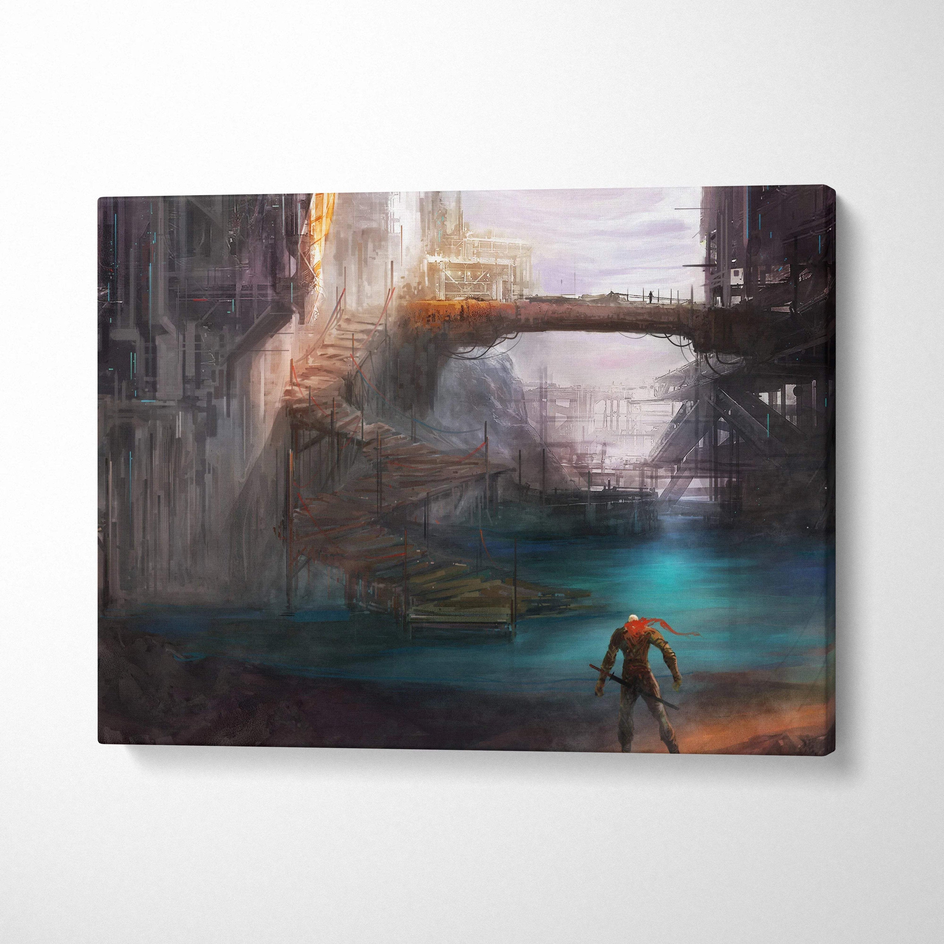 Moody sci-fi lone warrior in dystopian cyberpunk city over teal water canvas art