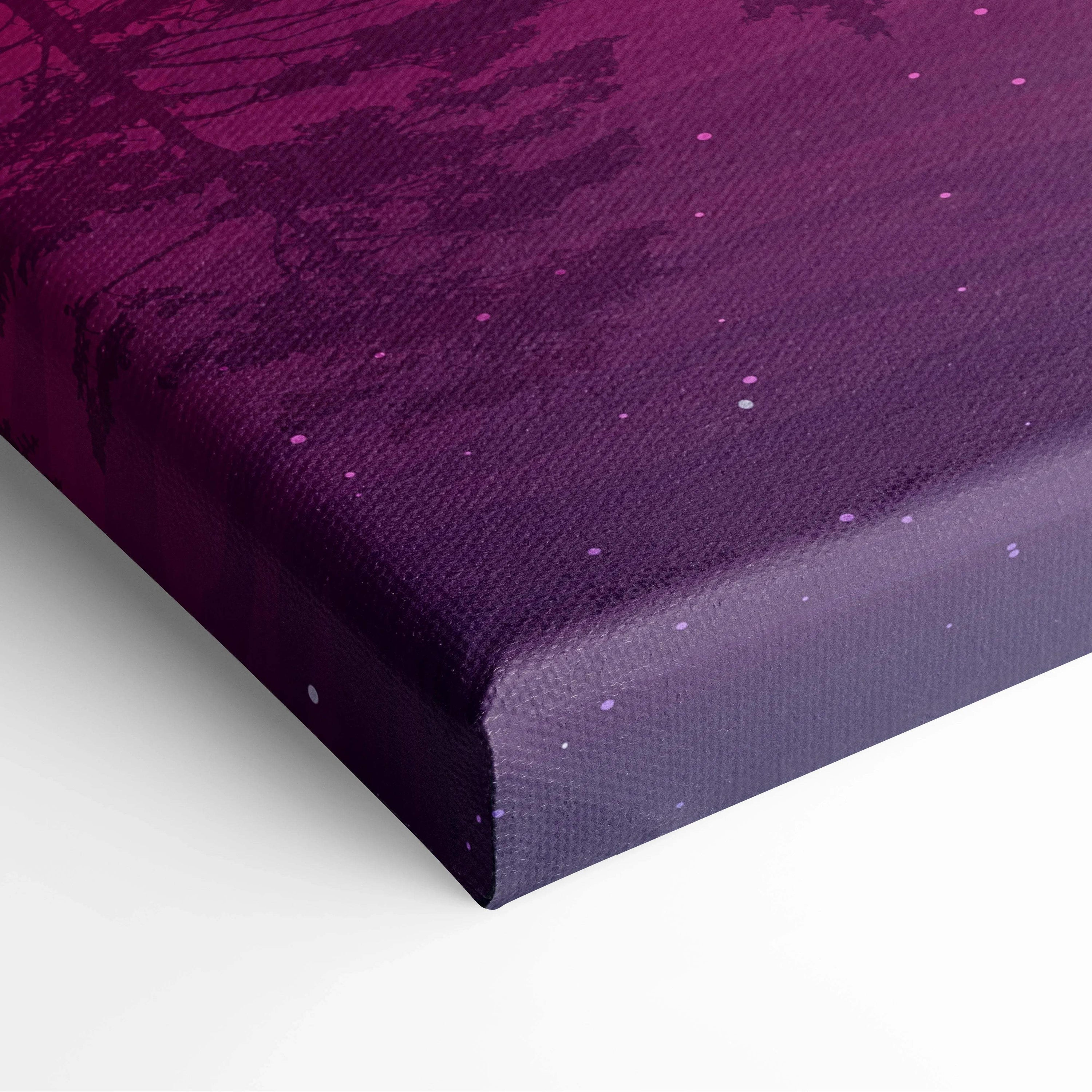Minimalist purple gradient canvas print with dark tree silhouette starry night sky