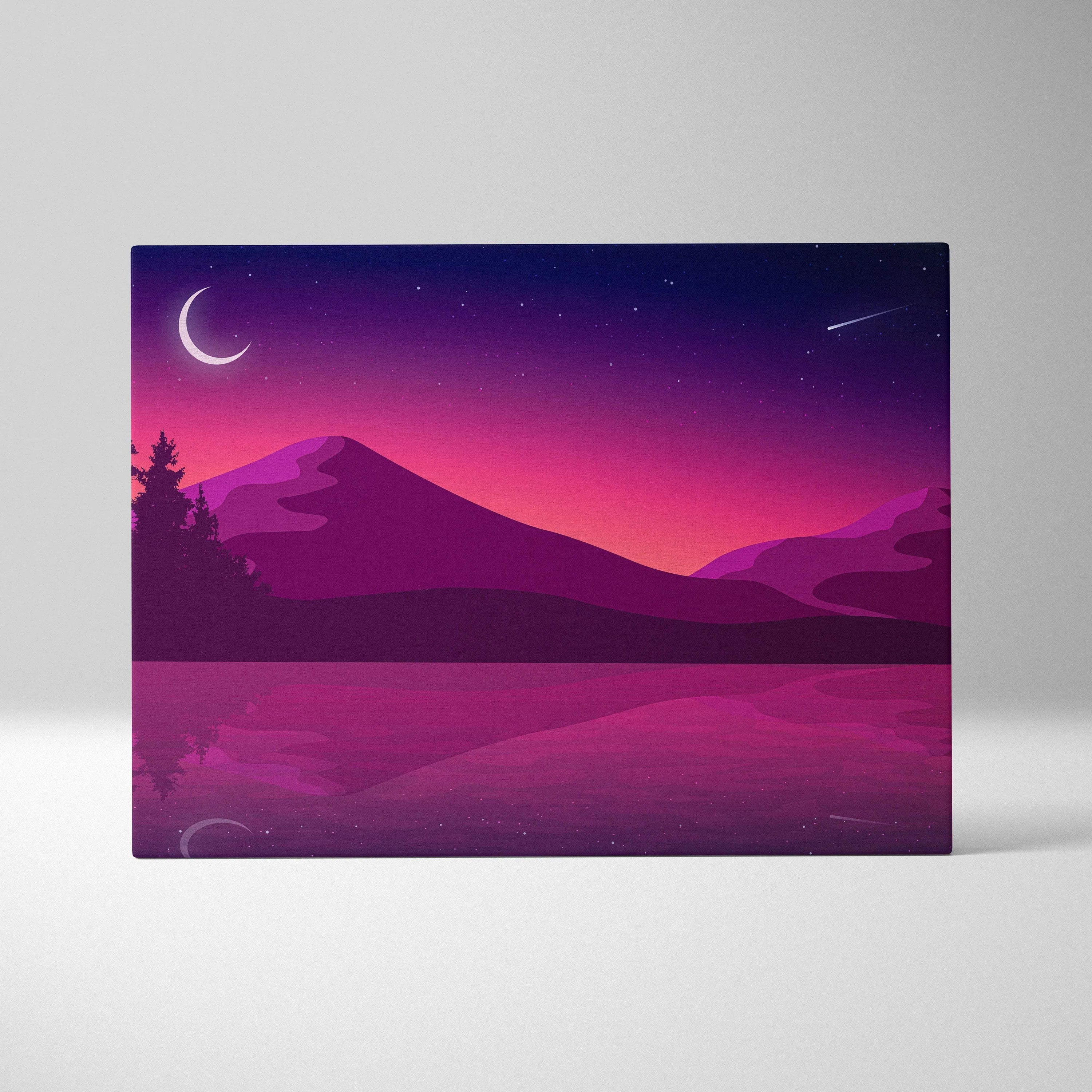 Minimalist purple pink gradient night landscape canvas with crescent moon reflection