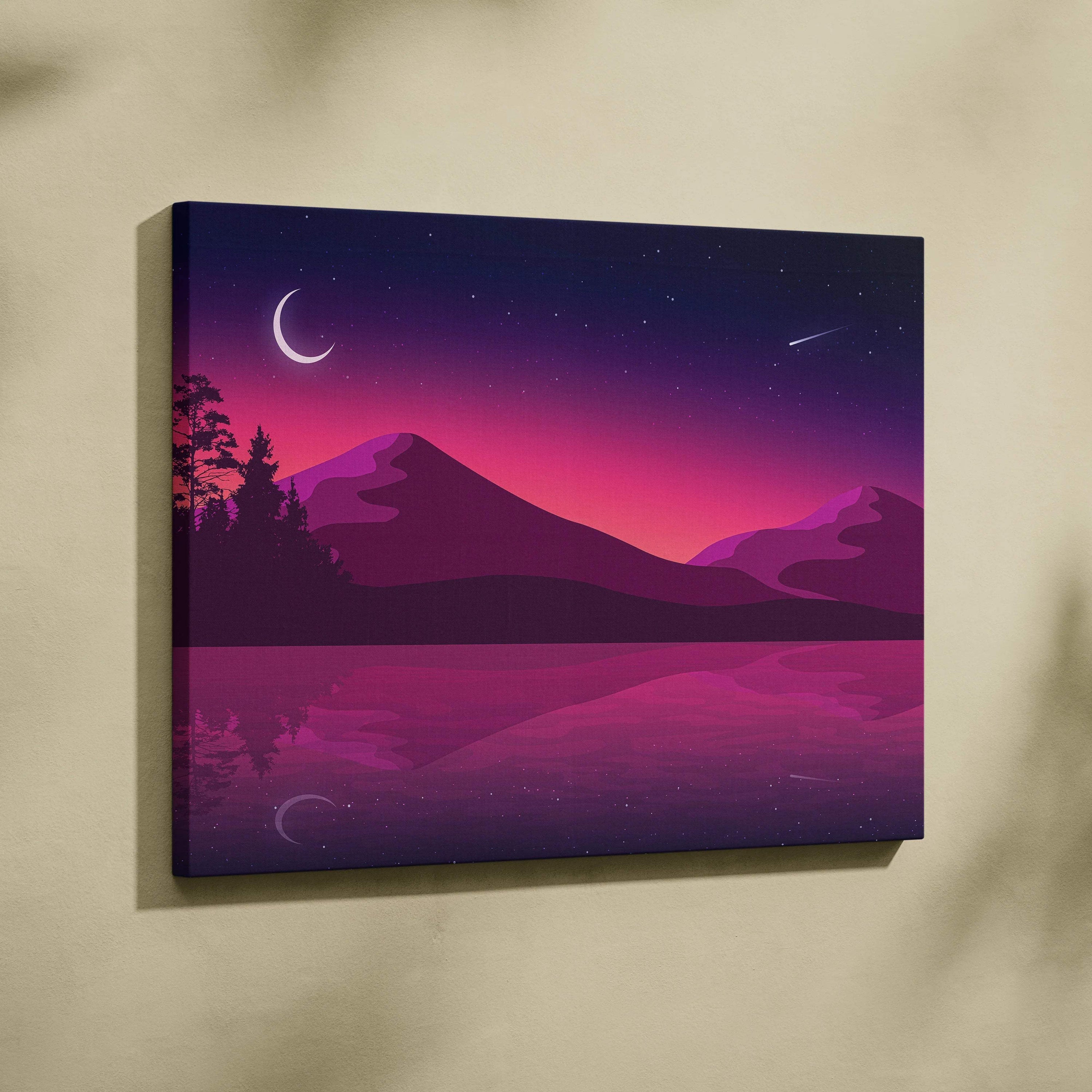 Minimalist purple mountains canvas with crescent moon and pink lake reflection