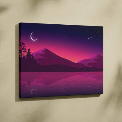 Minimalist purple mountains canvas with crescent moon and pink lake reflection