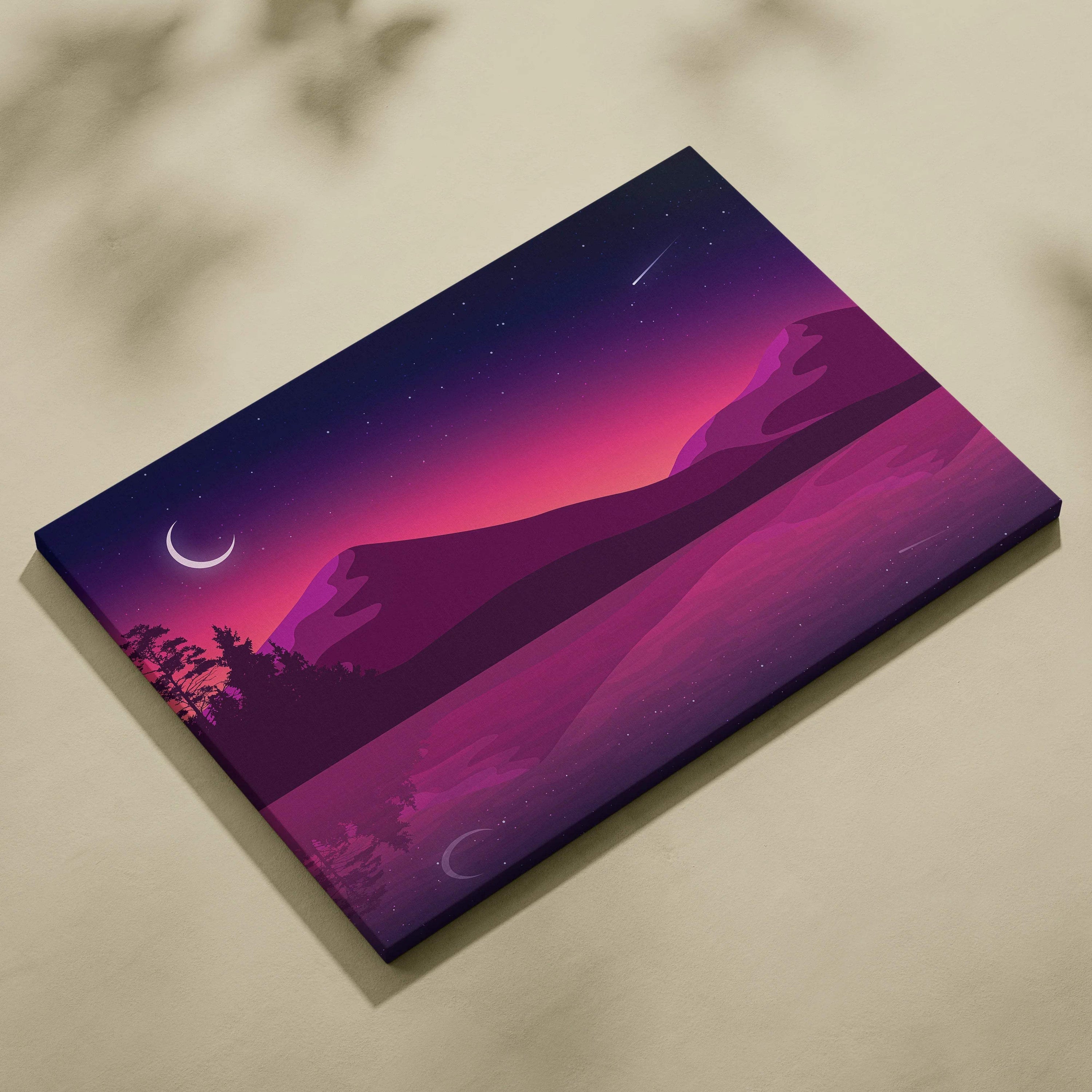 Minimalist purple pink mountain canvas with crescent moons starry sky reflection