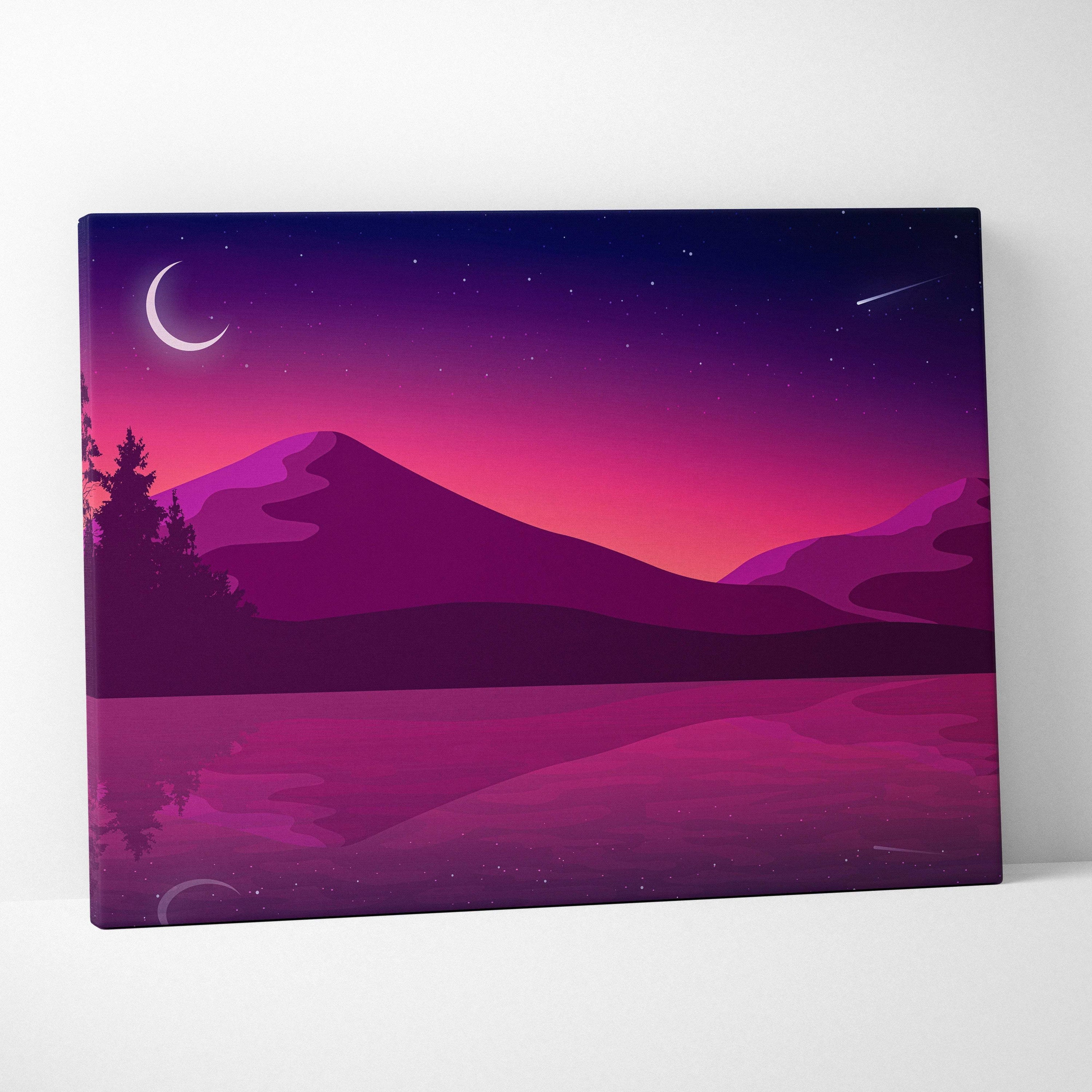 Minimalist purple pink crescent moon mountains lake reflection canvas