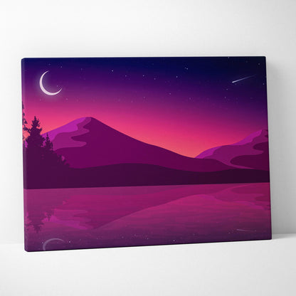 Minimalist purple pink crescent moon mountains lake reflection canvas