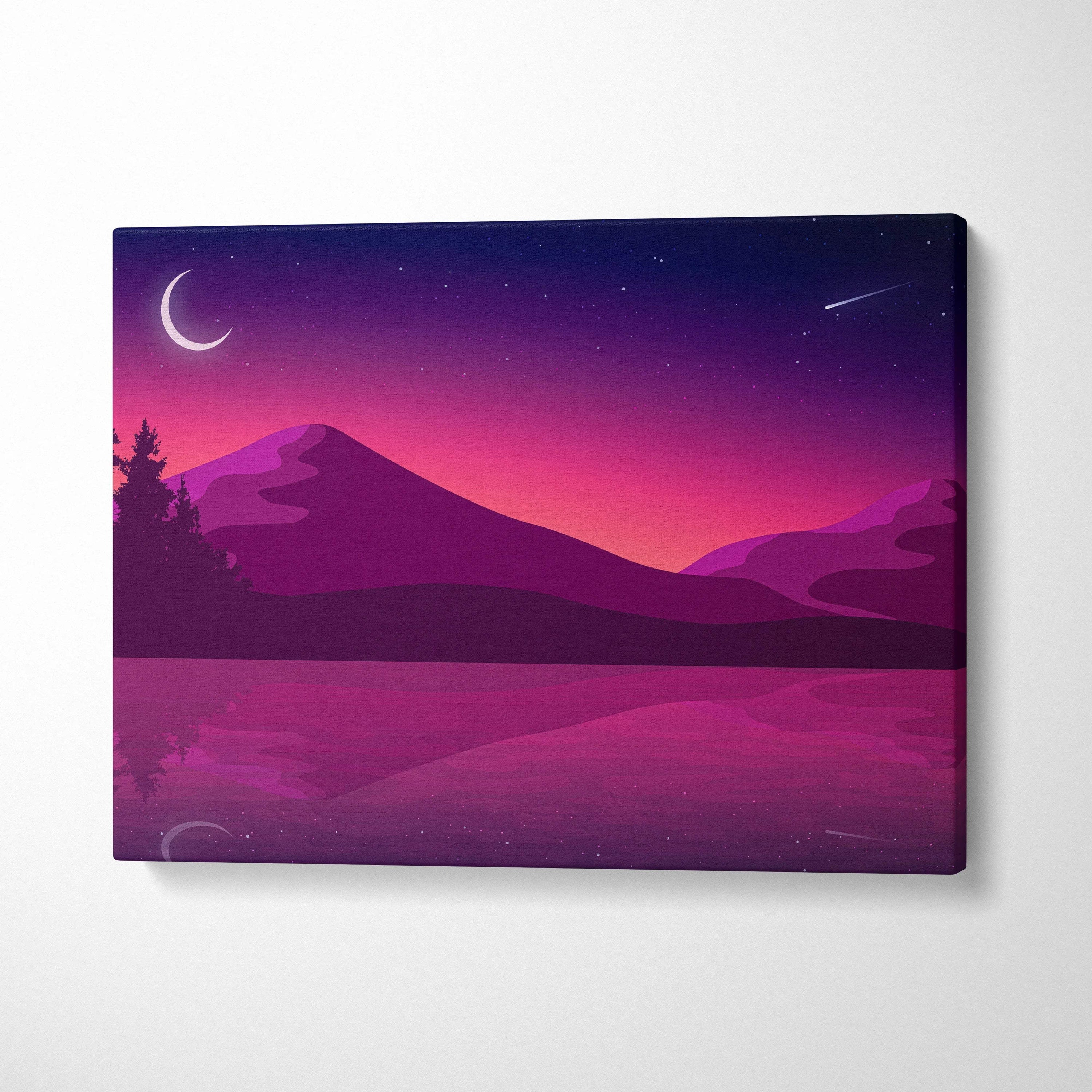 Minimalist purple pink mountain canvas with crescent moon stars reflection