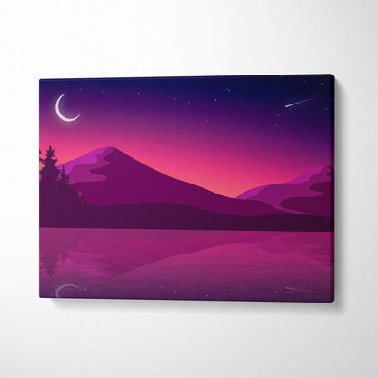Minimalist purple pink mountain canvas with crescent moon stars reflection