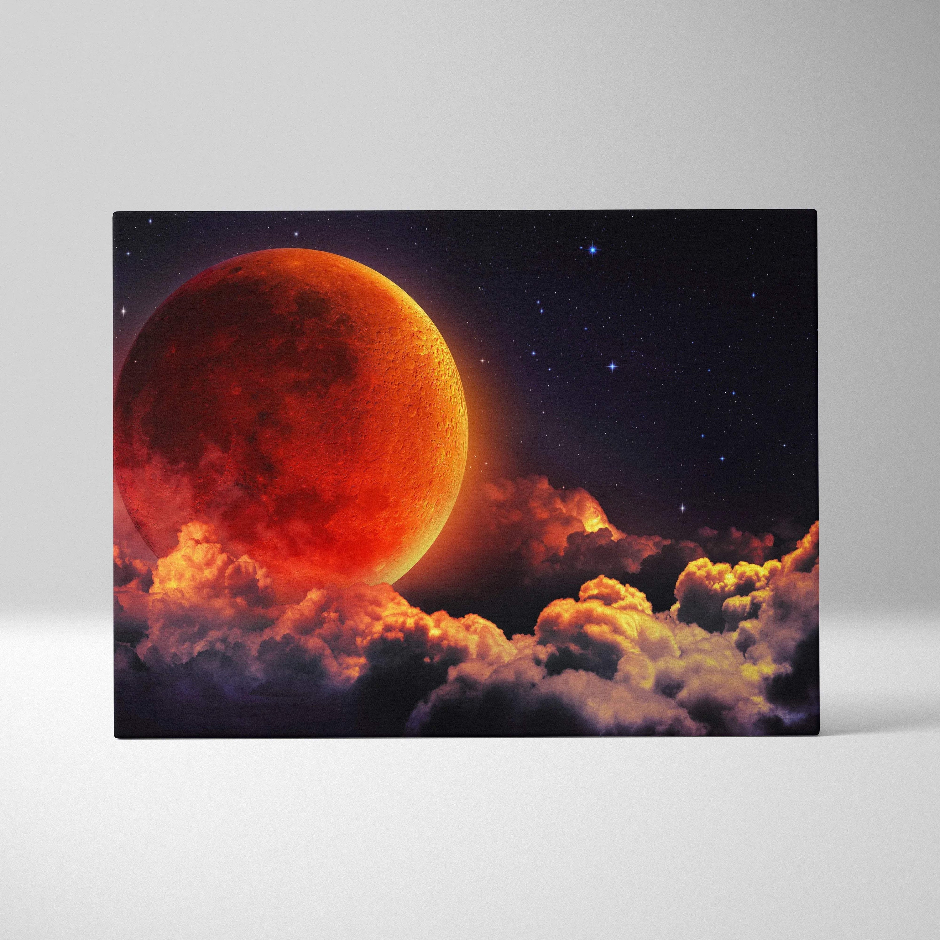 Massive red moon rising over glowing clouds in starry night sky canvas art