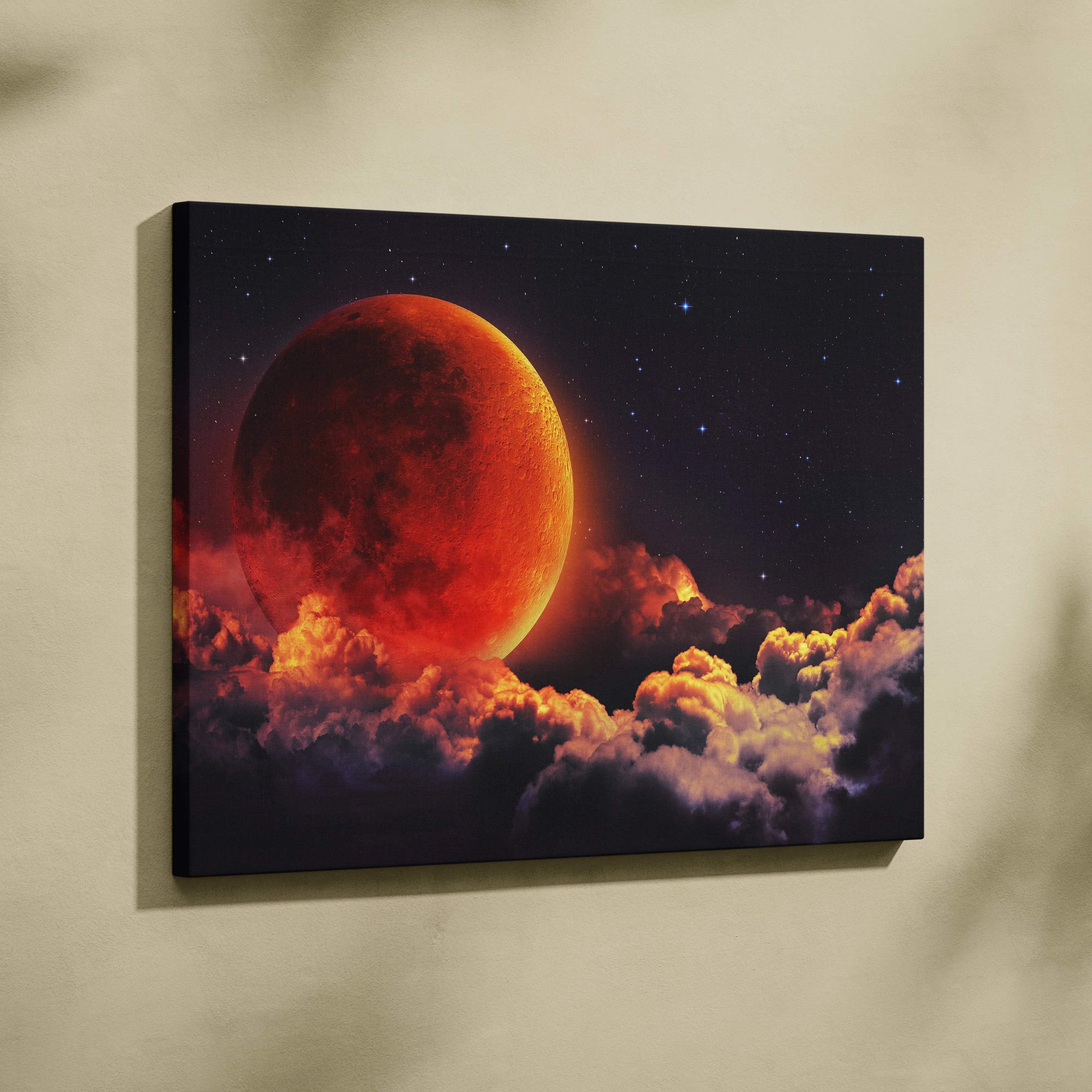 Massive red moon rising over glowing clouds in starry night sky canvas art