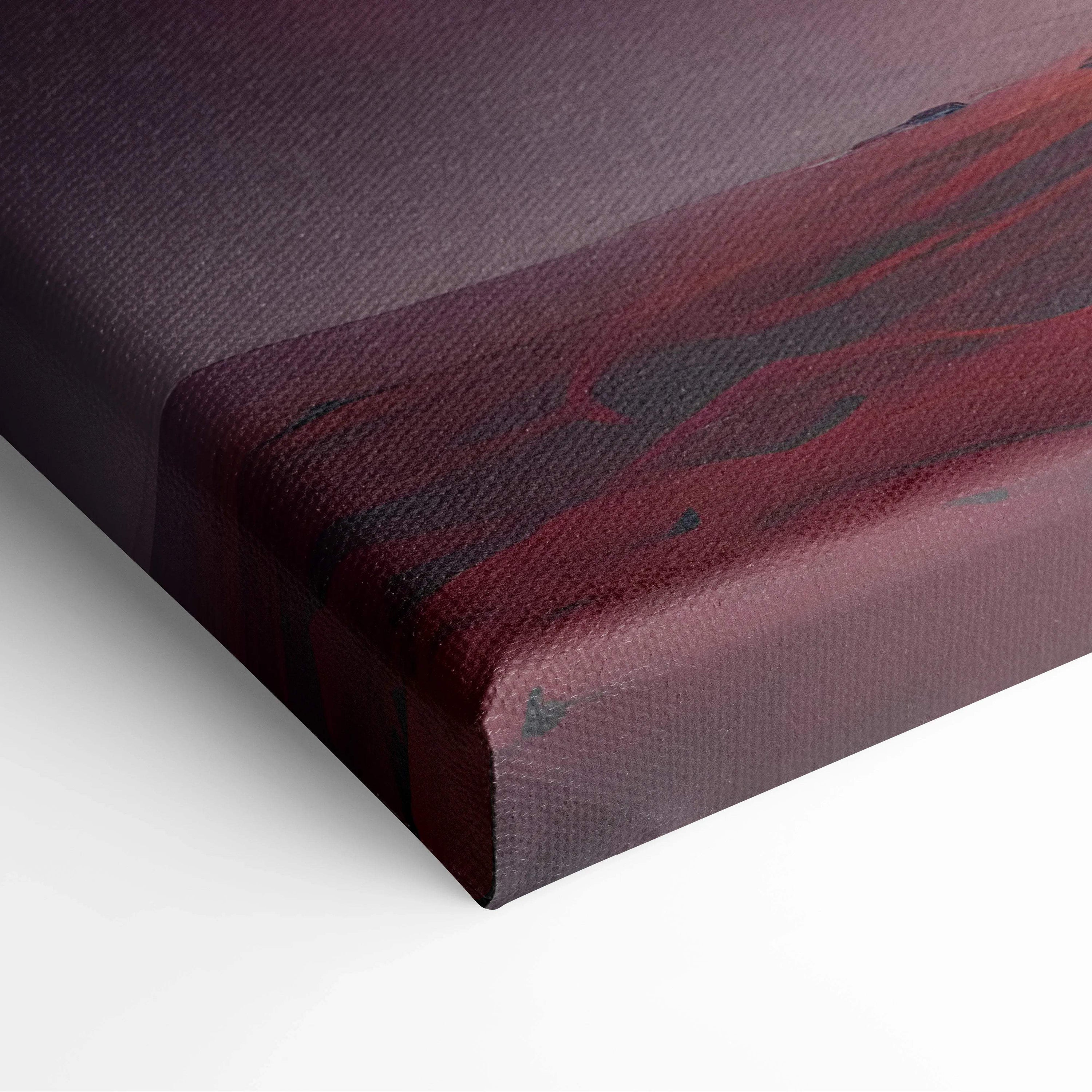 Epic fantasy mountain landscape canvas print in maroon black teal scarlet tones