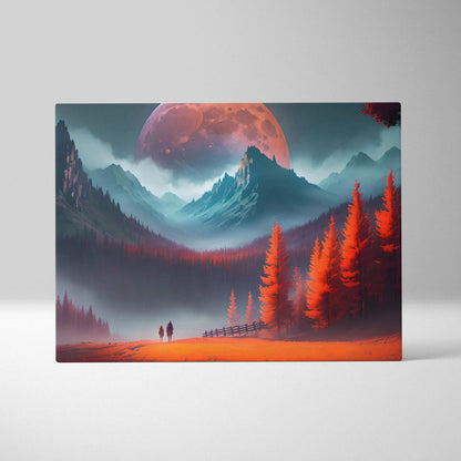 Epic fantasy mountain landscape canvas with giant red moon and crimson forest