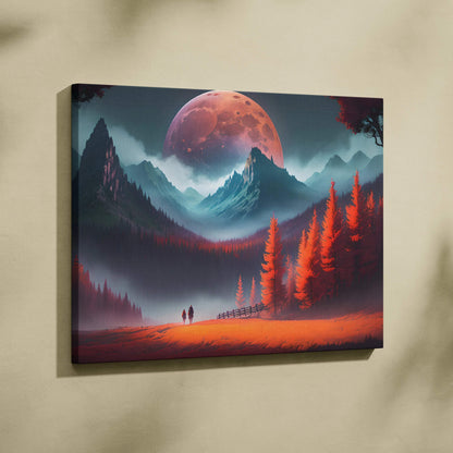 Epic fantasy mountain landscape with giant red moon and crimson forest canvas art