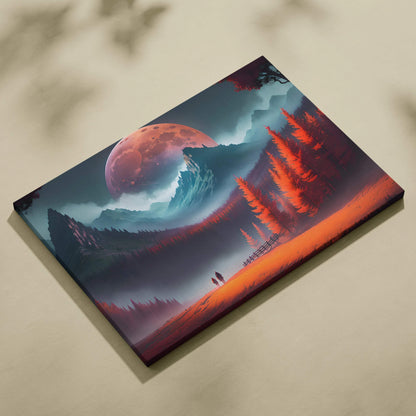Epic fantasy canvas print of giant red moon over crimson forest mountains