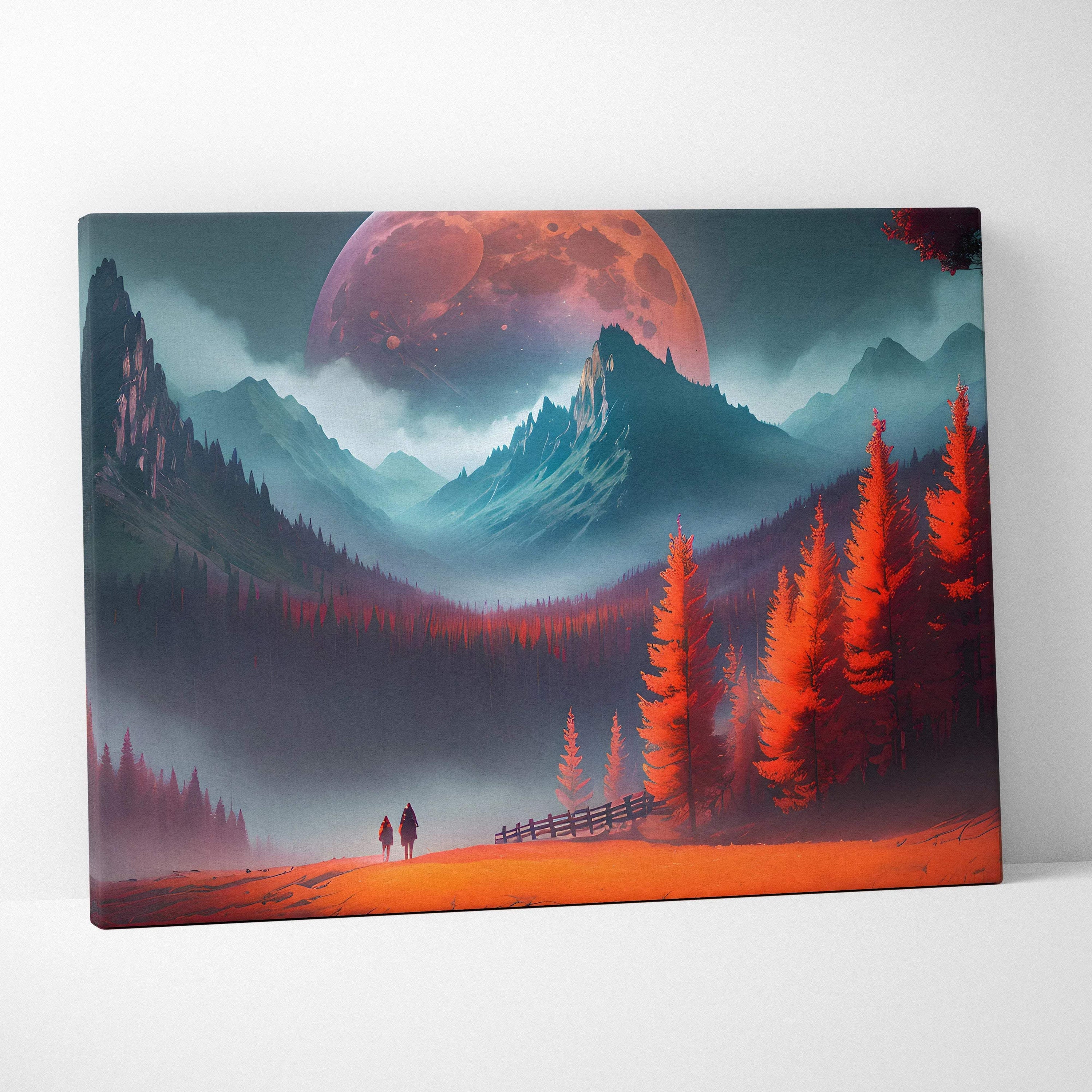 Epic fantasy mountain landscape with giant red moon and crimson forest canvas art