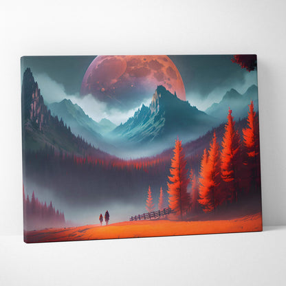 Epic fantasy mountain landscape with giant red moon and crimson forest canvas art