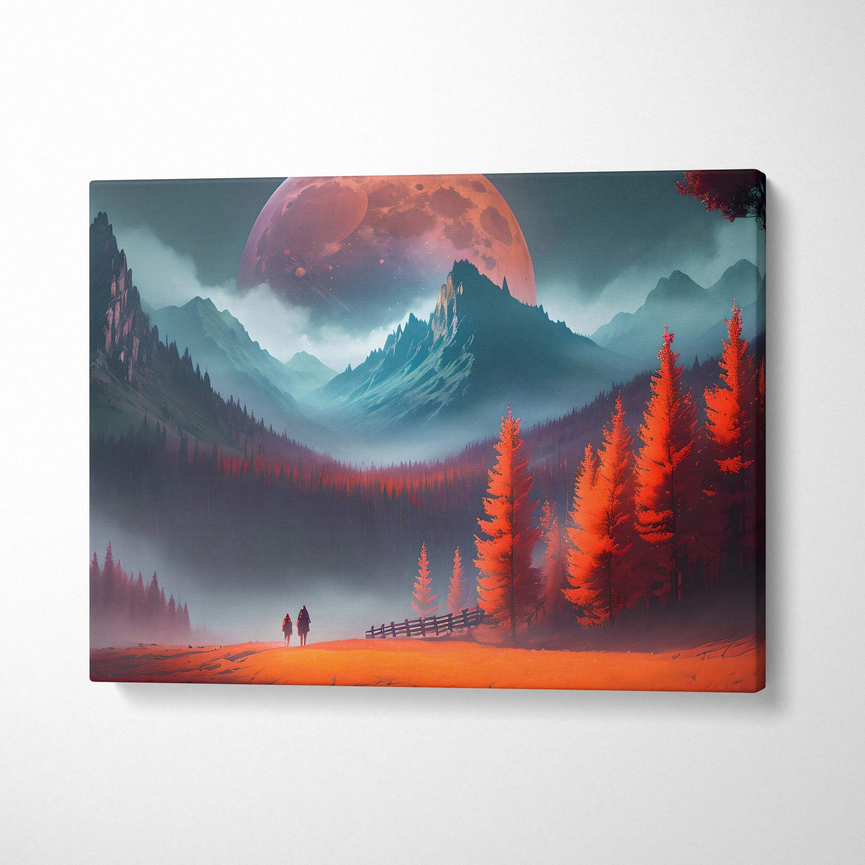 Epic fantasy mountain landscape canvas with giant red moon and crimson forest