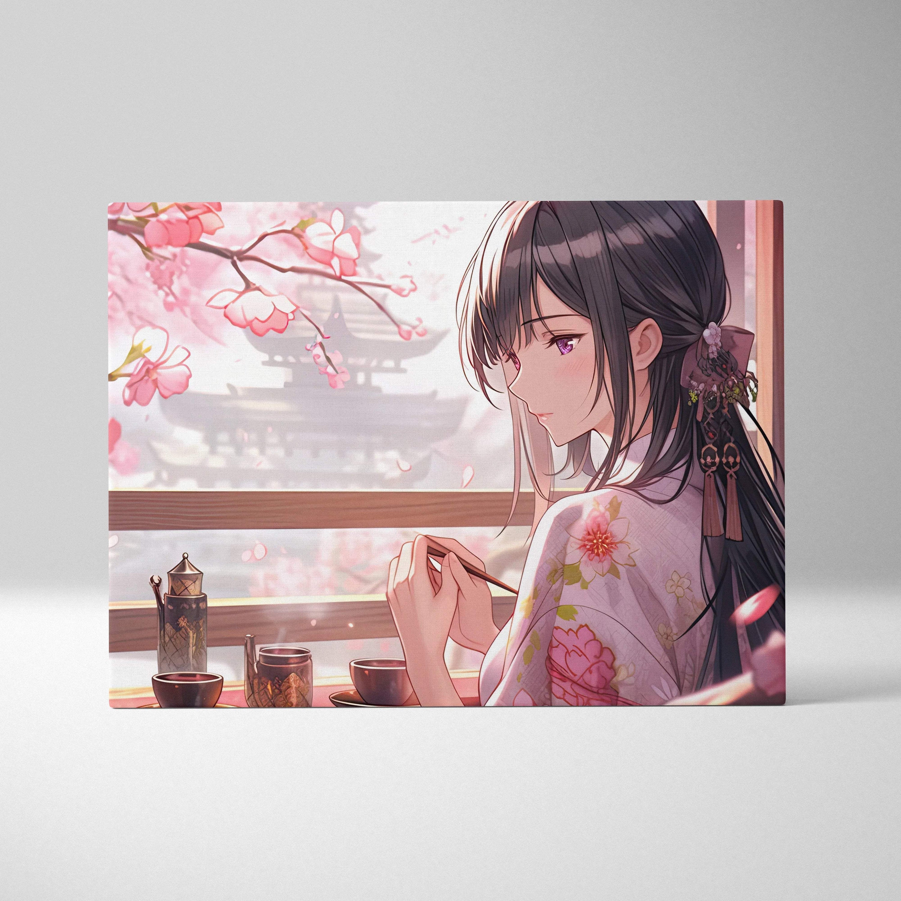 Elegant anime girl in pink floral kimono at tea amid cherry blossoms
