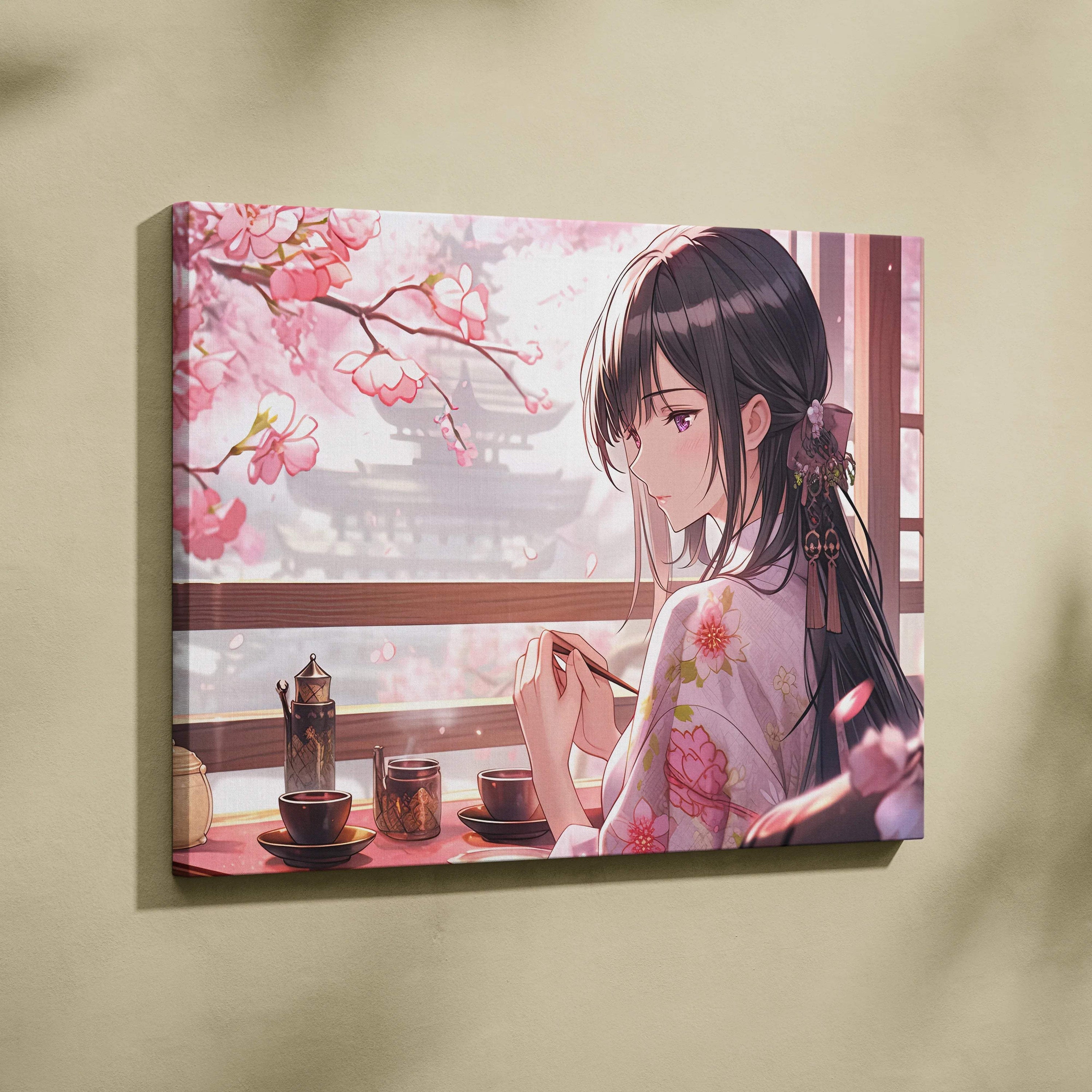 Elegant anime girl in kimono enjoying tea amid cherry blossoms canvas art