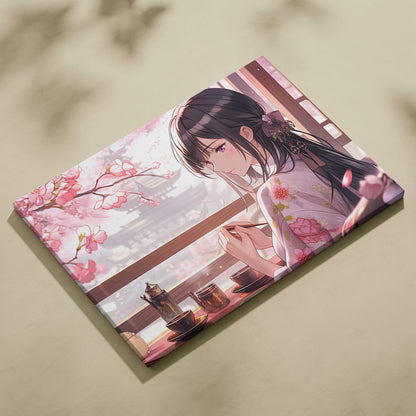 Elegant anime girl in pink kimono with tea amid cherry blossoms canvas art
