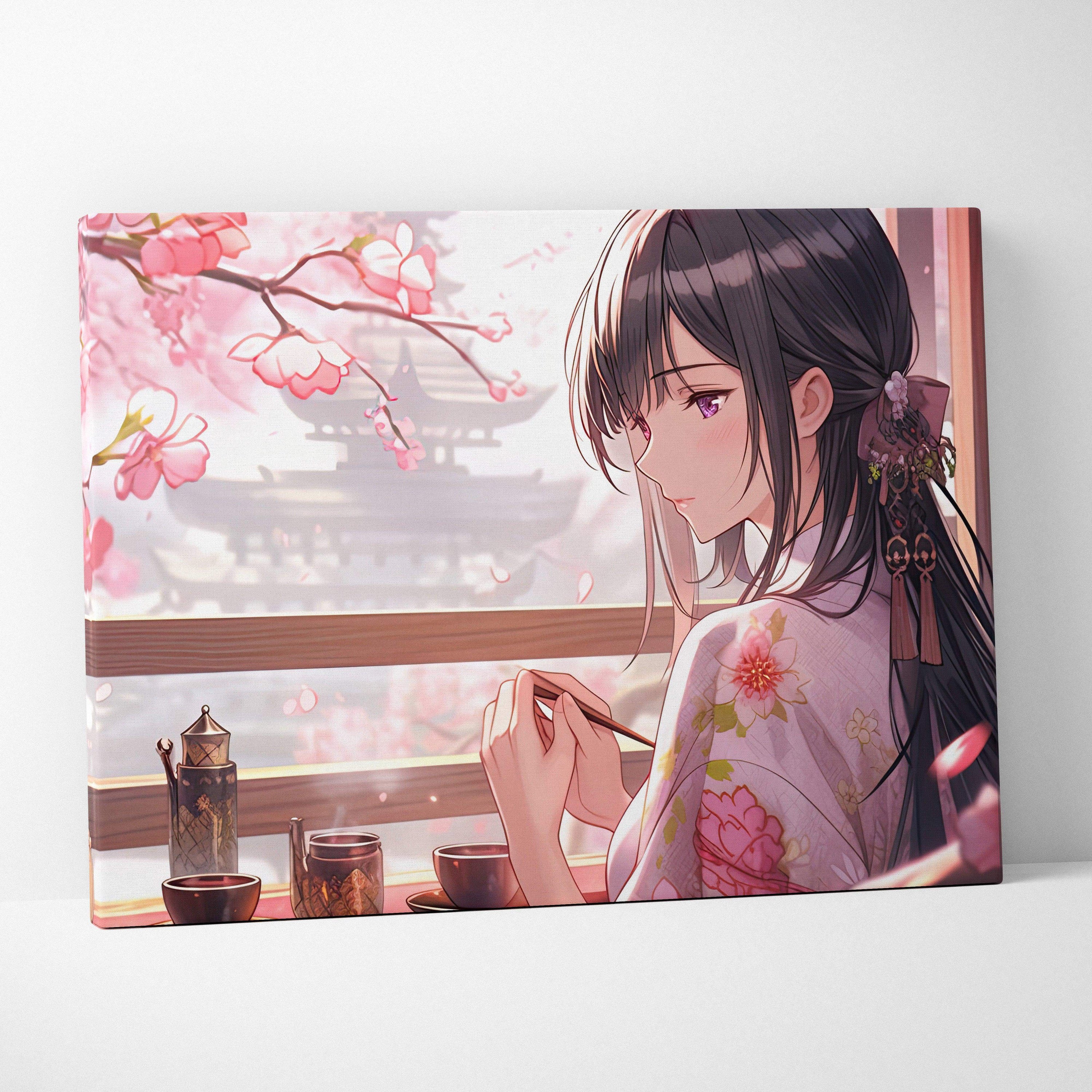 Elegant anime girl in pink floral kimono enjoying tea amid cherry blossoms