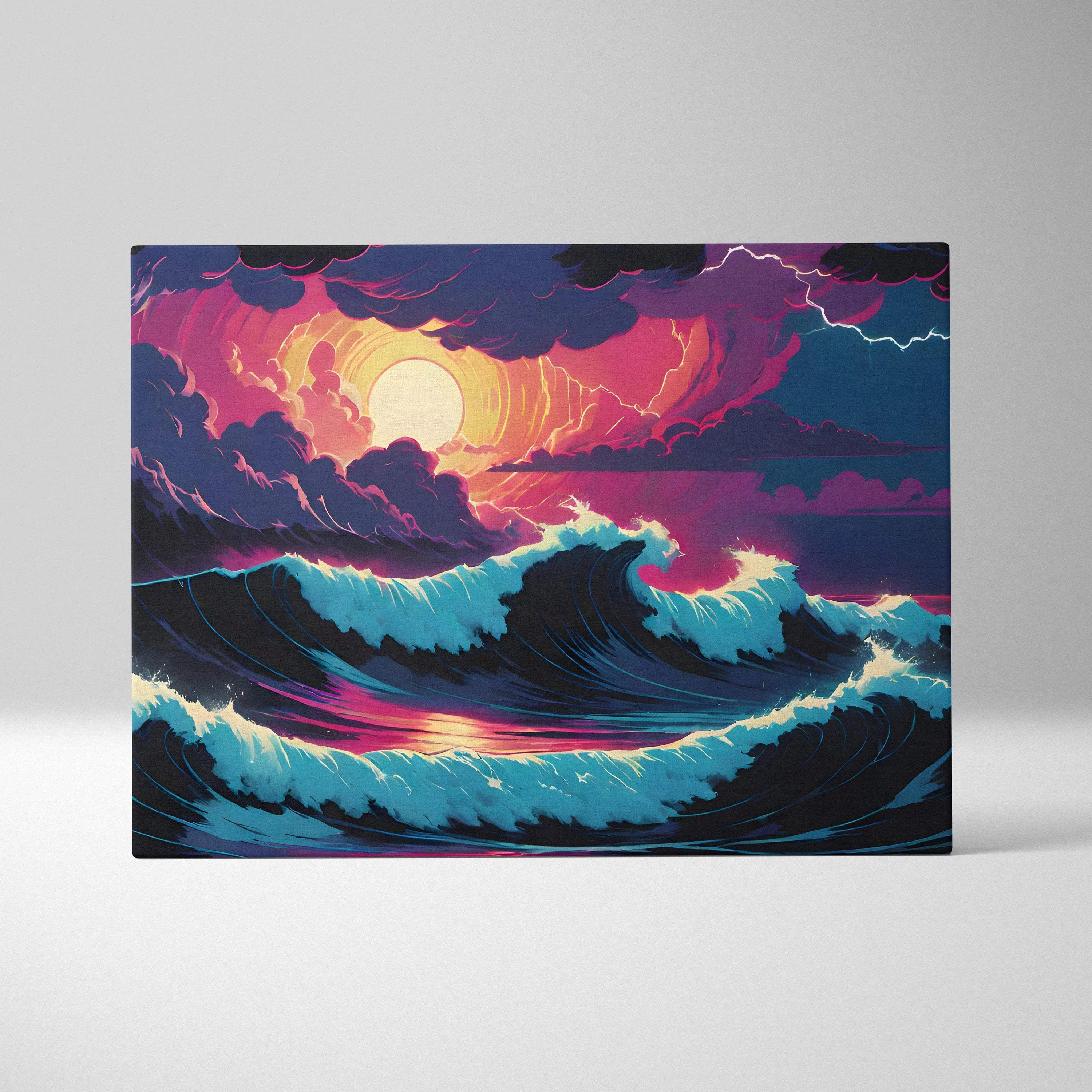 Vibrant neon sunset ocean canvas with turquoise waves, purple clouds, pink teal lightning