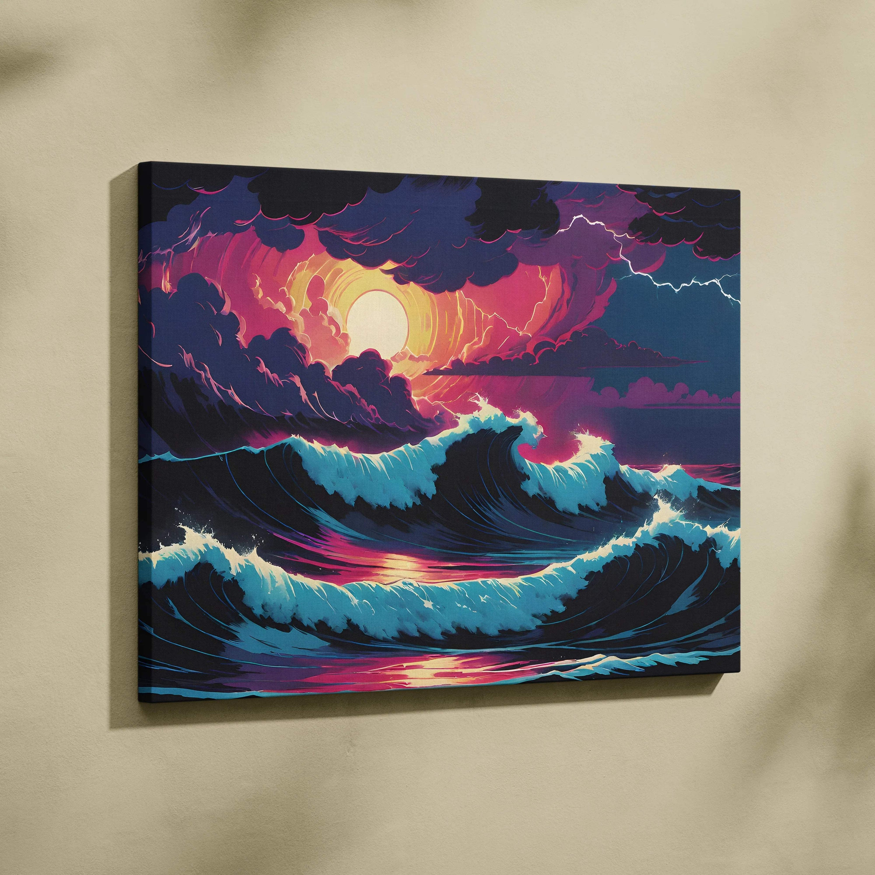 Vibrant neon ocean sunset canvas art in pink purple teal with lightning