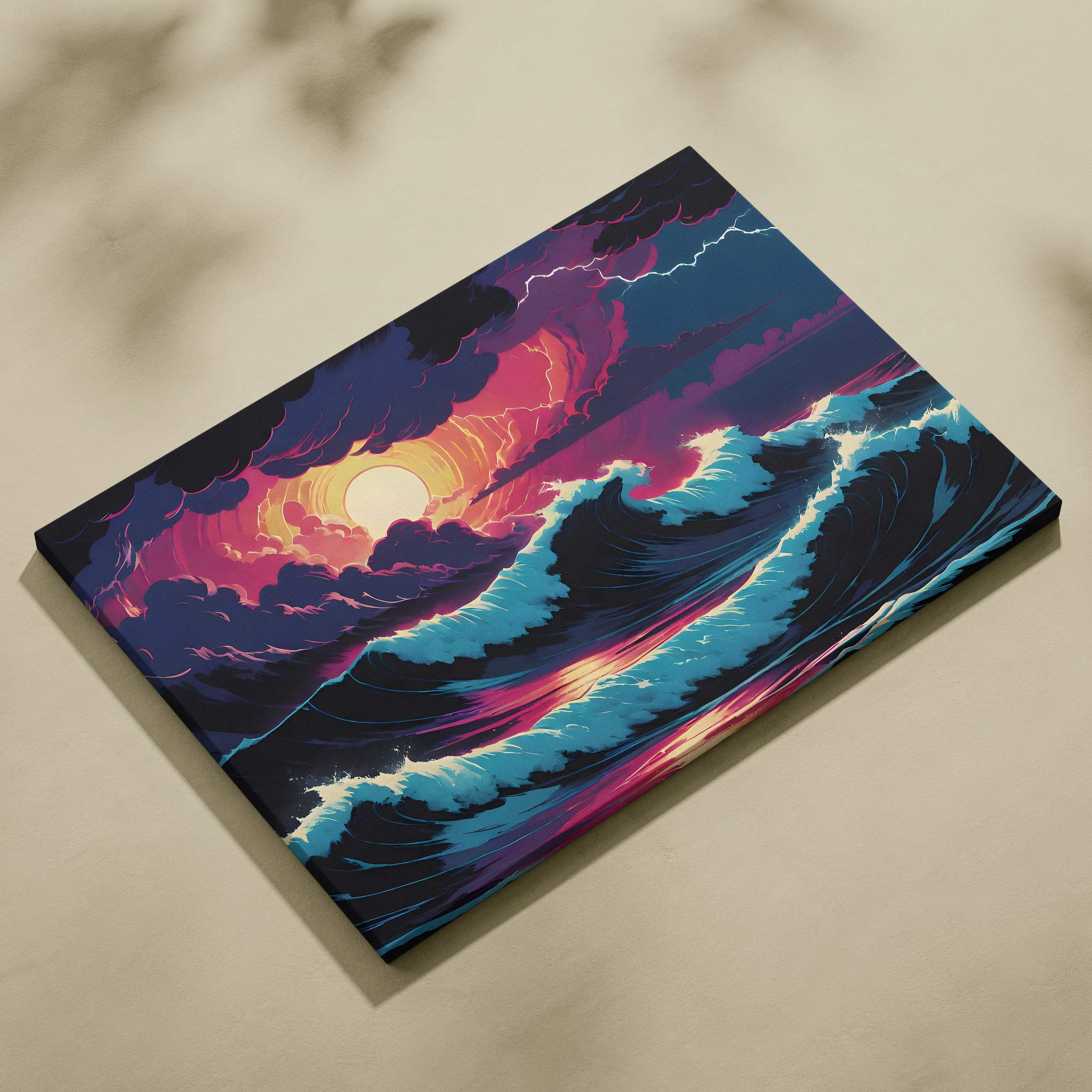 Neon sunset ocean waves canvas art in pink purple teal with lightning