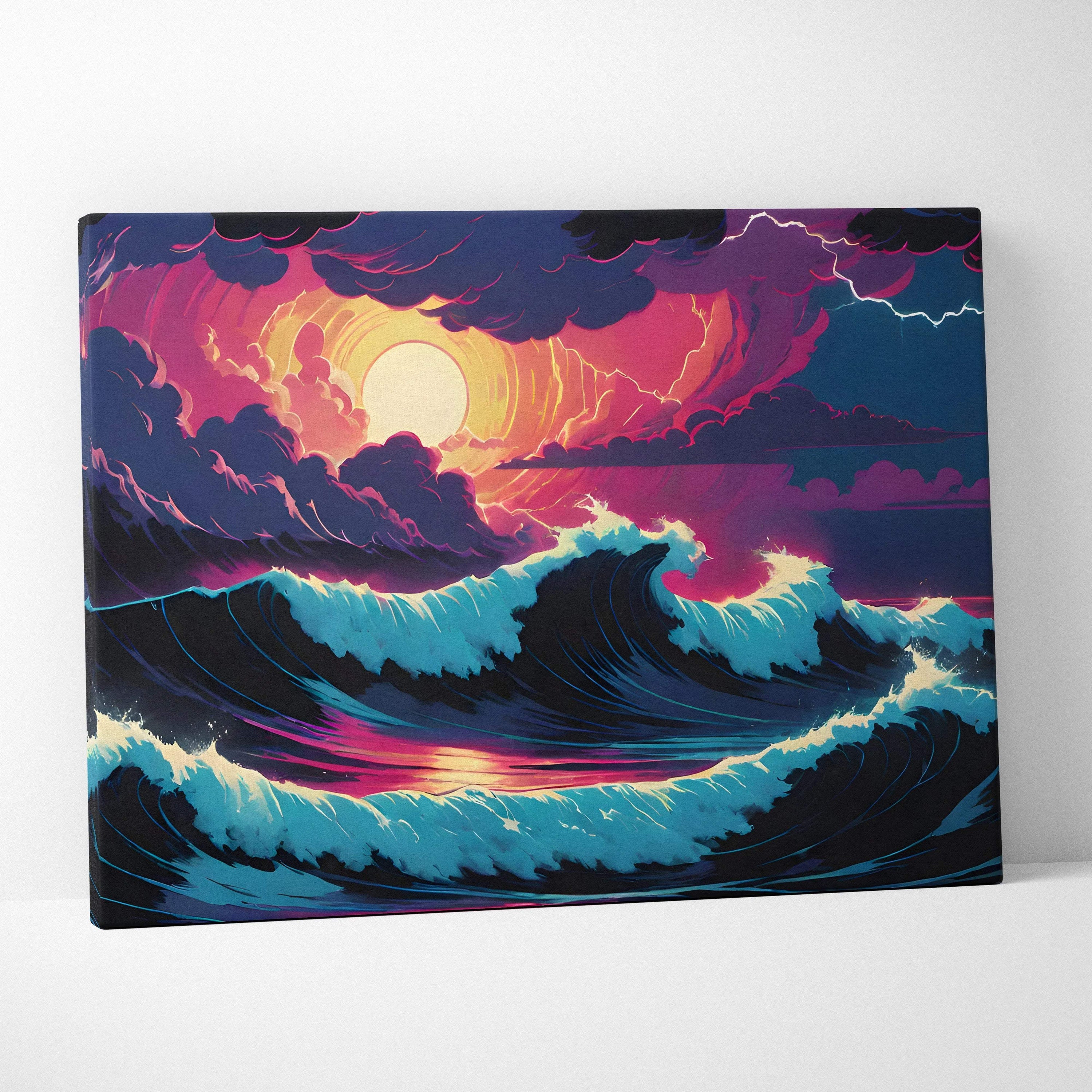 Vibrant neon sunset ocean canvas with waves, clouds, lightning in pink purple teal