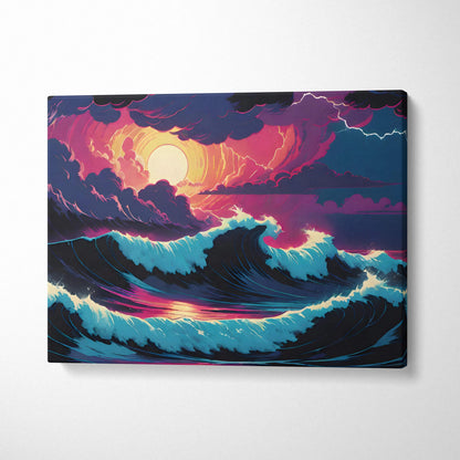 Vibrant neon sunset ocean waves canvas art in pink purple teal with lightning