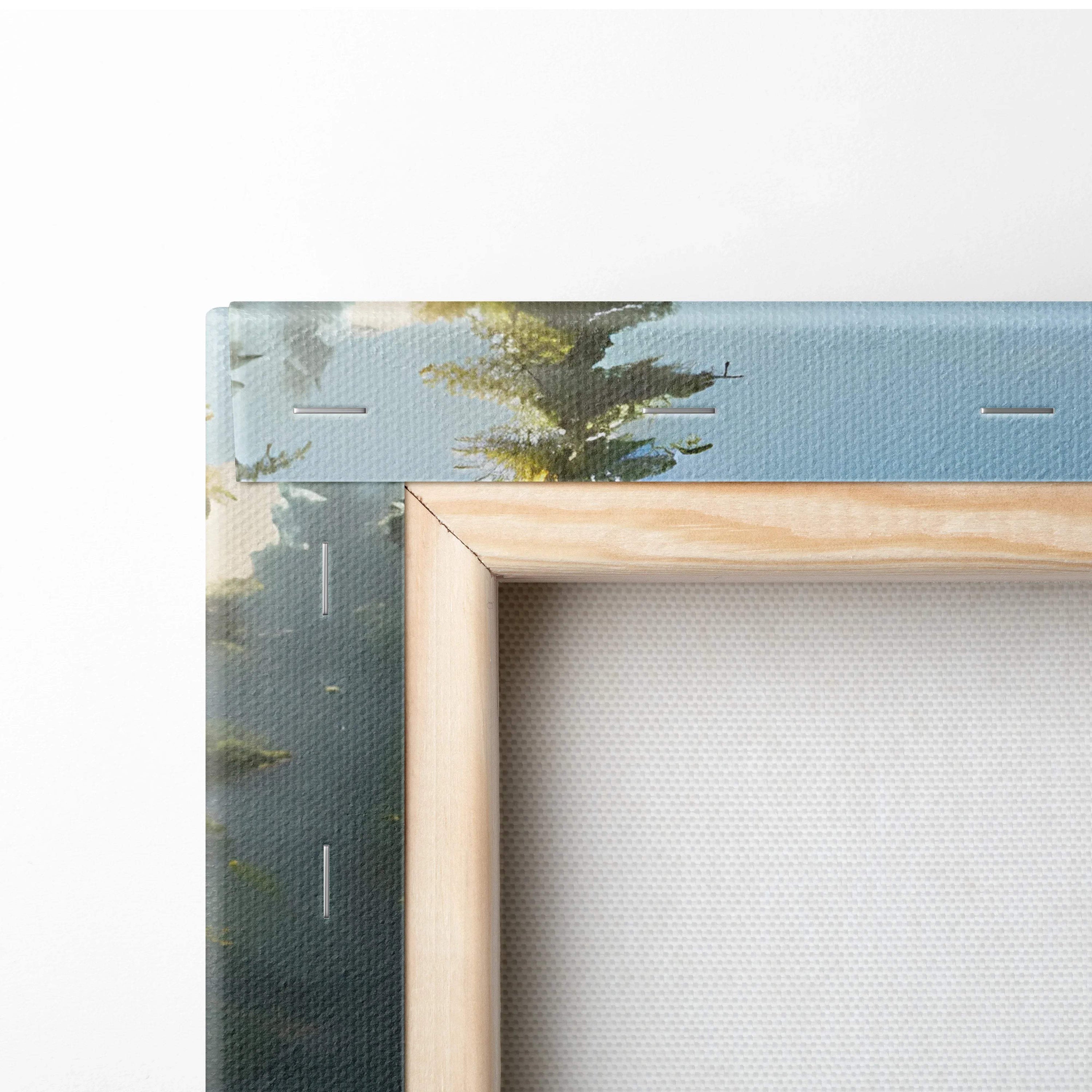 Light wood-framed canvas of serene forest lake with canoe reflections
