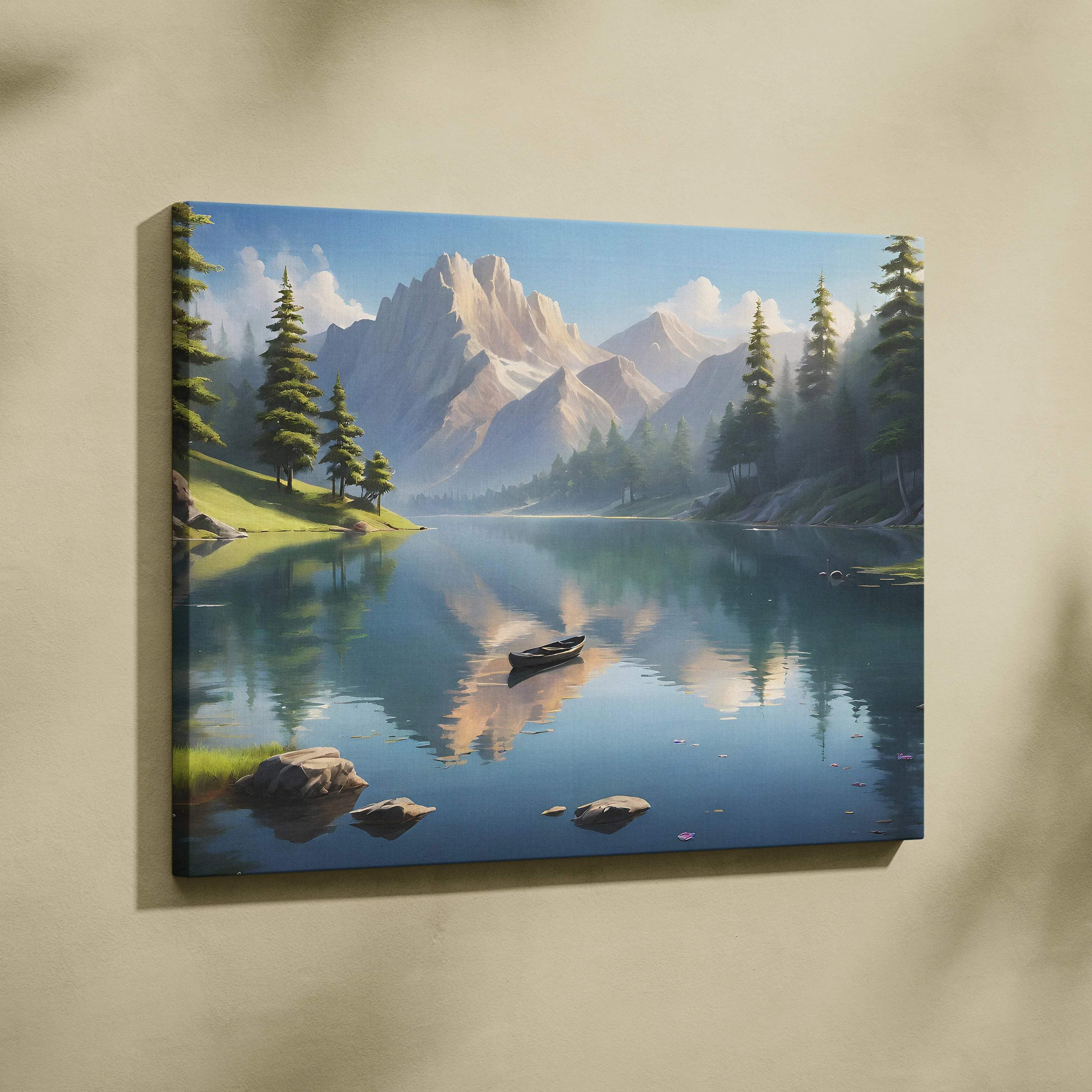 Serene mountain lake canvas print with canoe, reflections, pines, snow peaks
