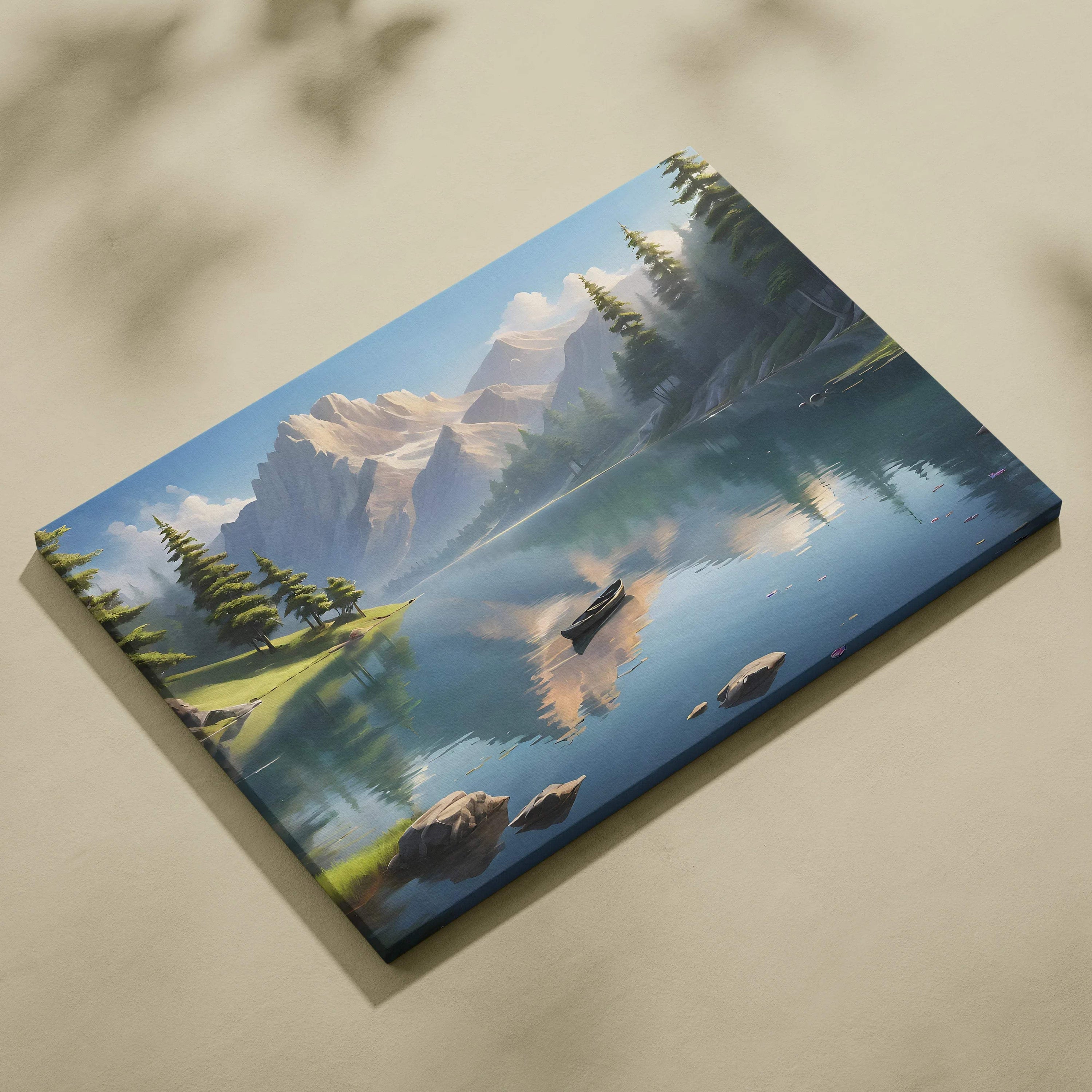 Serene mountain lake canvas print with canoe reflections, pines, snow peaks