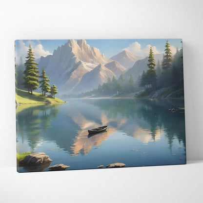 Serene mountain lake canvas print with rowboat reflections in pine forest and snow-capped peaks