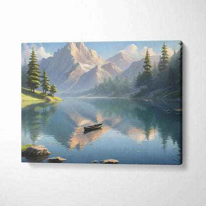Serene mountain lake canvas print with canoe reflections in pine forest and snow-capped peaks